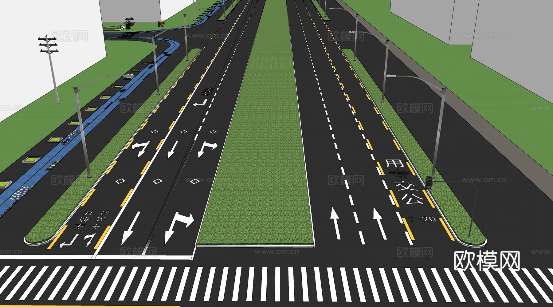 现代市政道路景观 十字路口 斑马线 道路标识su模型