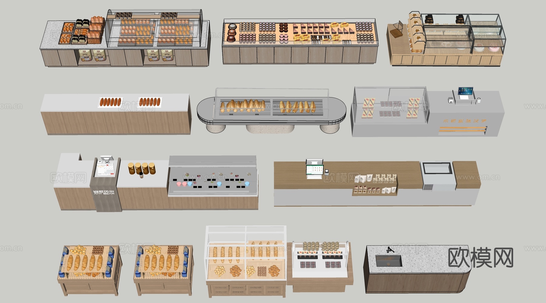 现代咖啡吧台 甜品店货架 收银台 服务台su模型