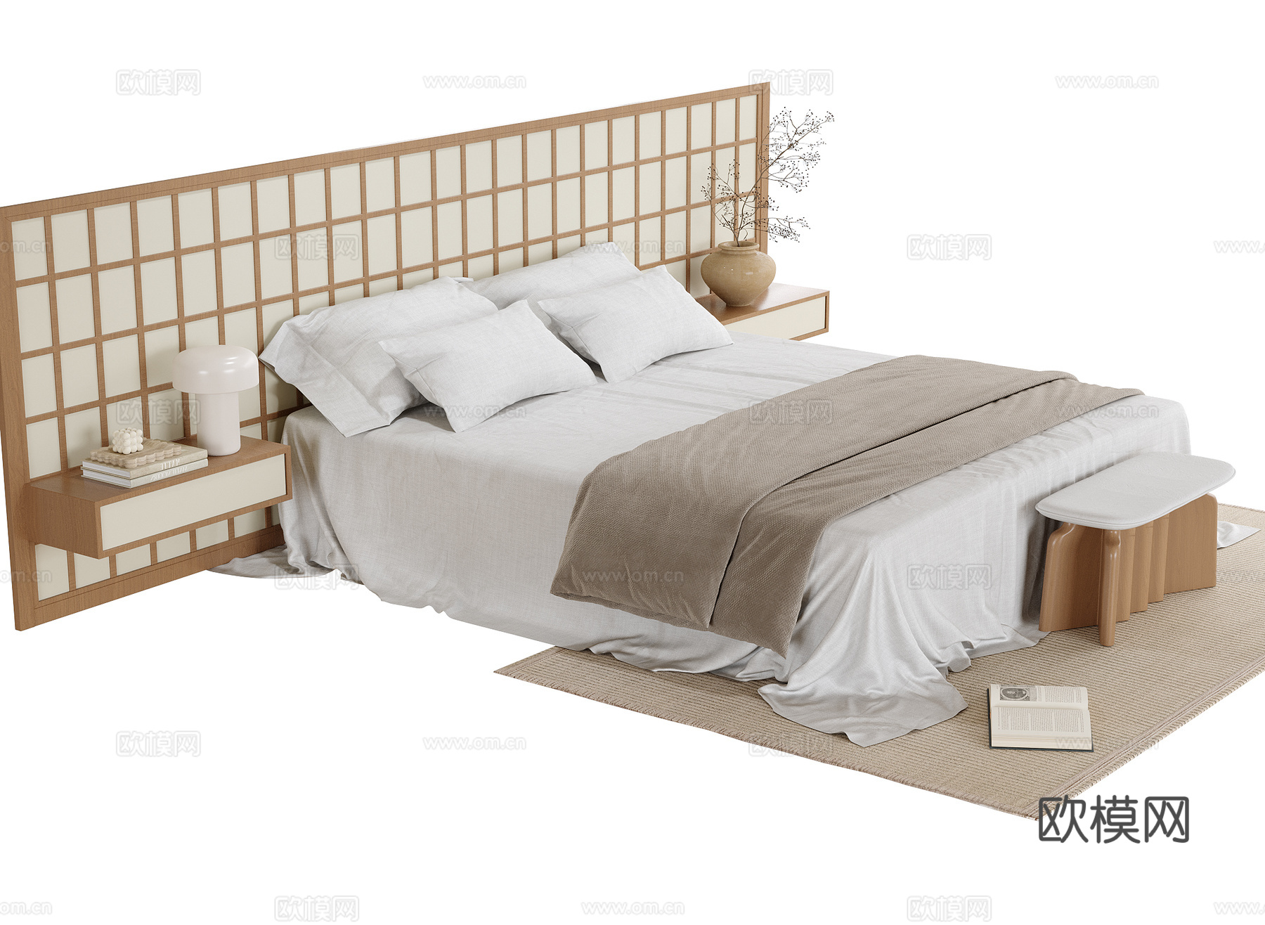 现代双人床 床尾凳su模型下载（渲染图1）