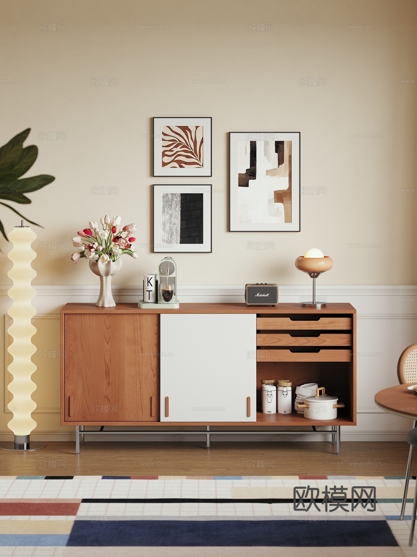 现代中古风奶油风餐边柜实木收纳柜储物柜家具餐厅3d模型