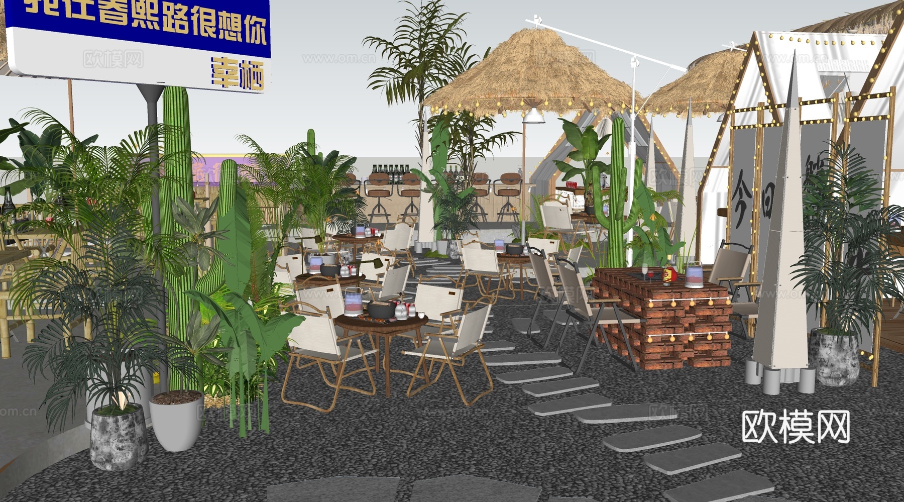 现代屋顶花园 阳台露营外摆帐篷 户外餐厅外摆su模型
