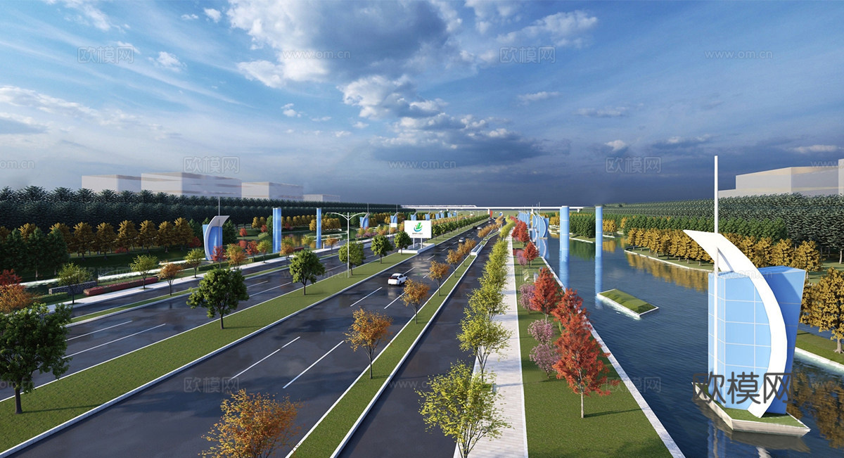 现代城市景观大道 迎宾路口 高铁高架su模型