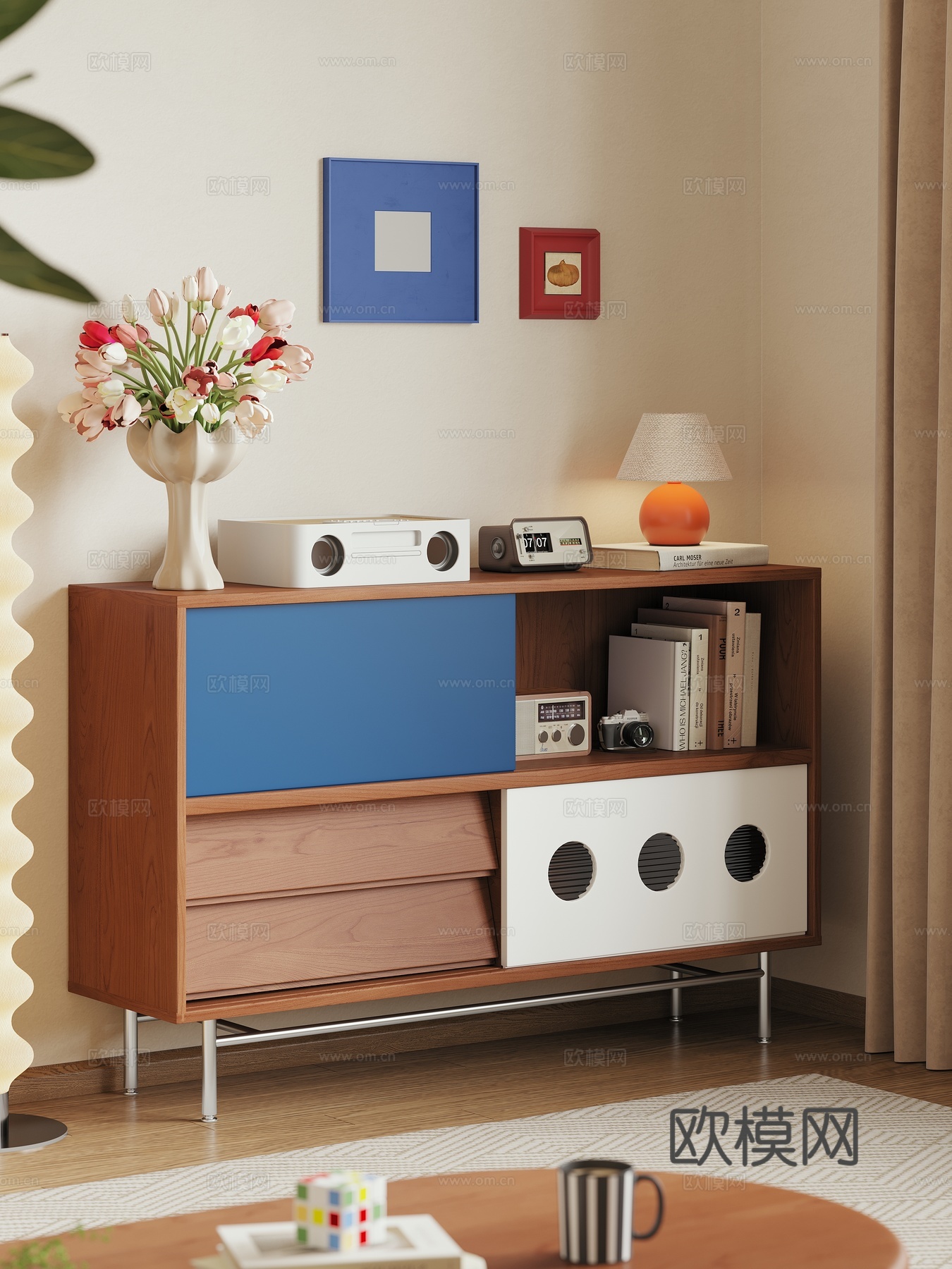 现代中古风奶油风实木储物柜餐边柜收纳柜餐厅客厅3d模型