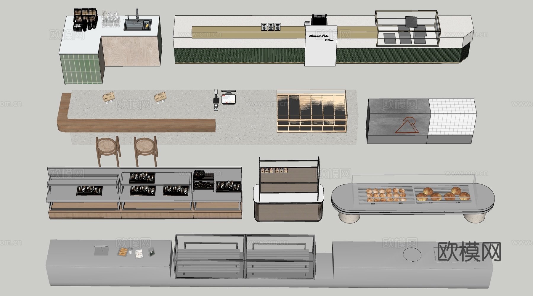 现代咖啡吧台 甜品店货架 收银台 服务台su模型
