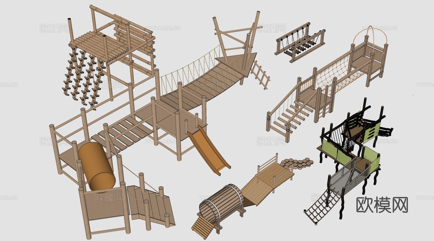 现代户外儿童游乐设施 无动力游乐设施 乡村研学游乐设施su模型