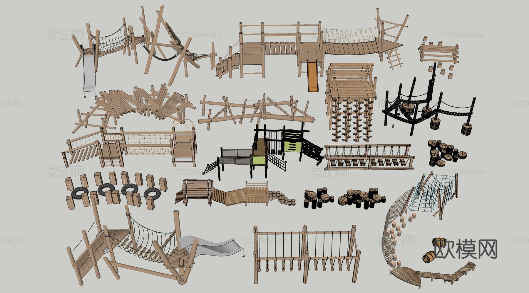 现代户外儿童游乐设施 无动力游乐设施 乡村研学游乐设施su模型