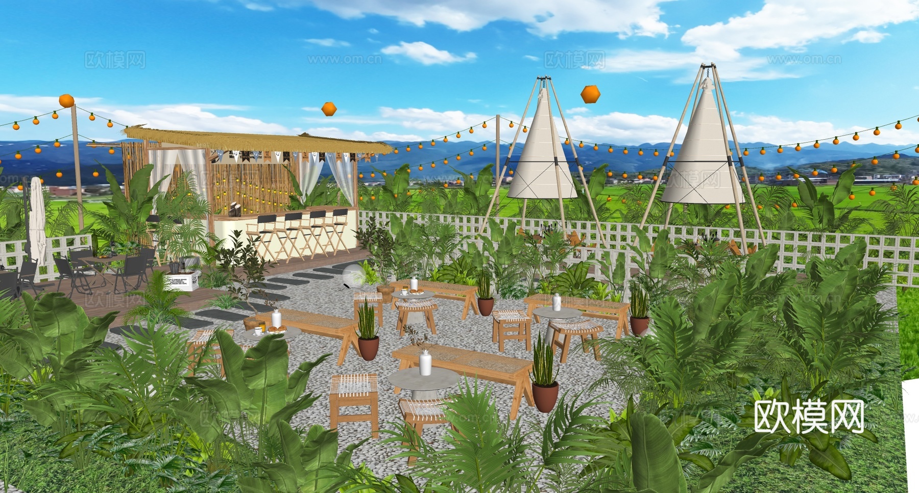 现代露营庭院景观  花园家庭乡村景观 农家乐外摆 餐饮外摆su模型