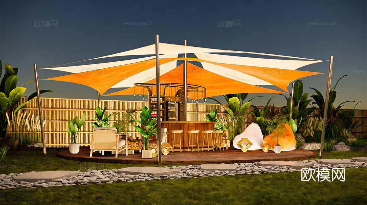 现代露营帐篷 帐篷天幕遮阳棚 营地吧台帐su模型