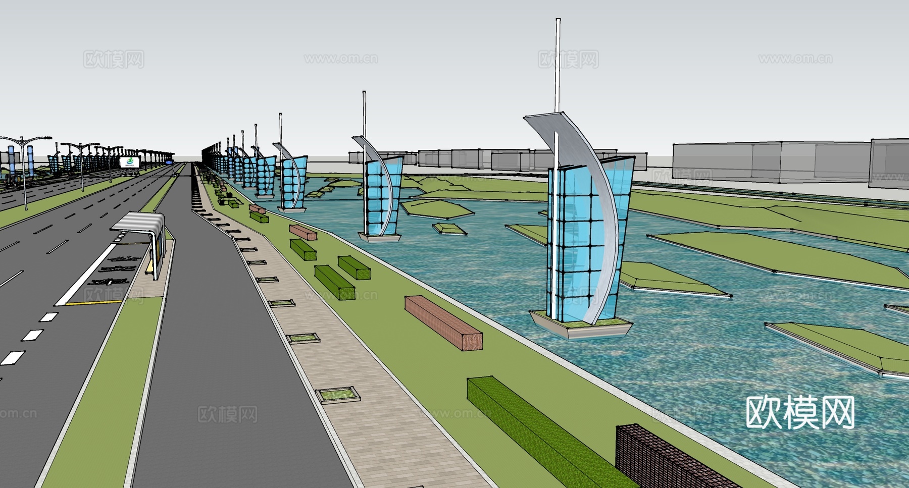 现代城市景观大道 迎宾路口 高铁高架su模型