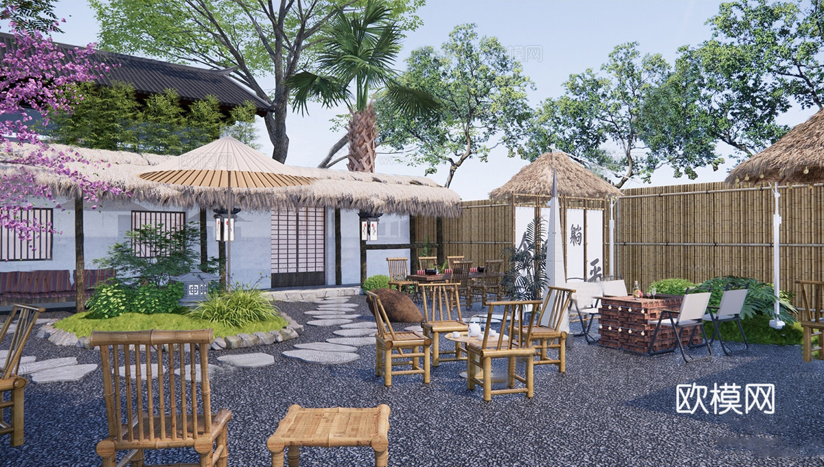 新中式露营风花园 民宿庭院 庭院花园su模型