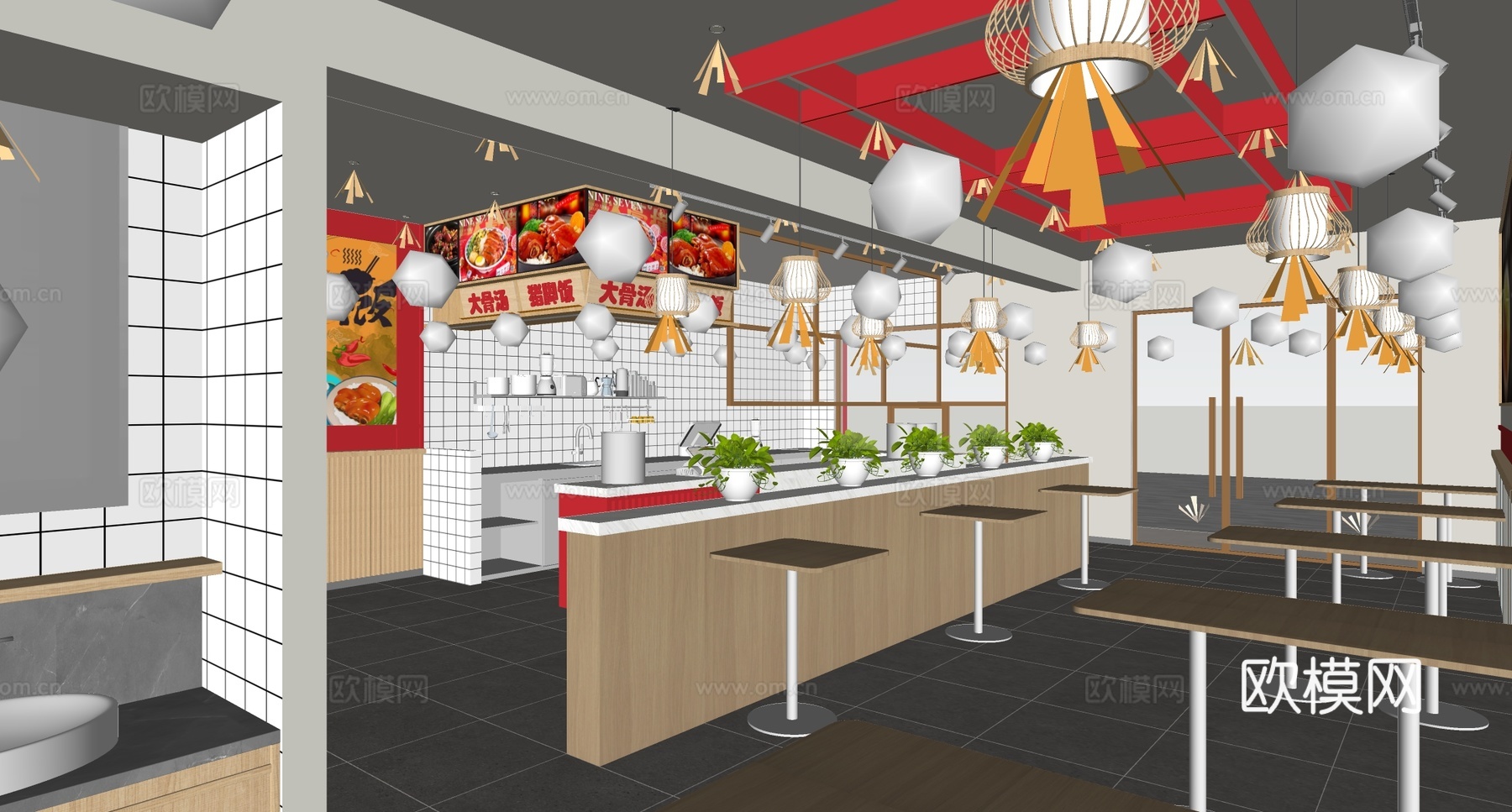 新中式快餐店 面馆 隆江猪脚饭 餐桌椅组合 餐饮吧台su模型