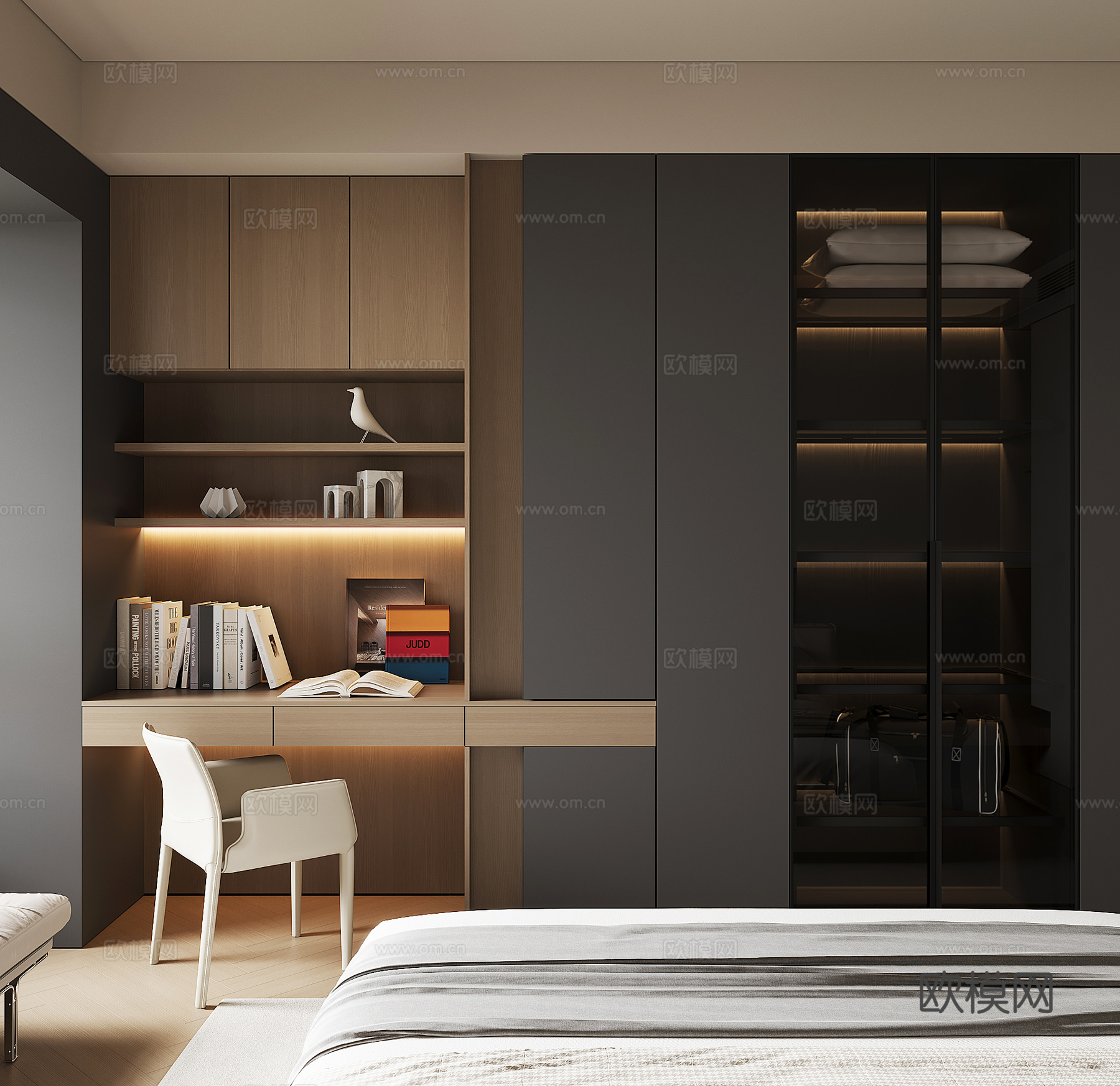 现代床尾衣柜su模型下载（渲染图1）