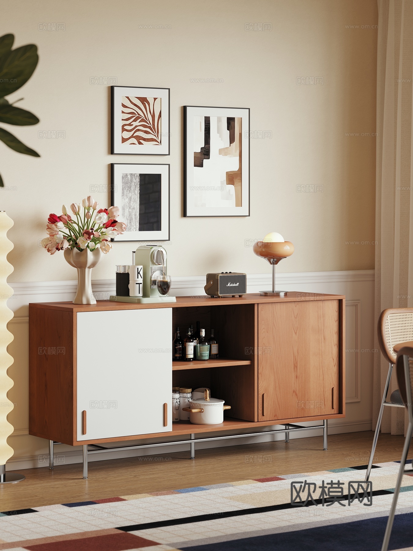 现代中古风奶油风餐边柜实木收纳柜储物柜家具餐厅3d模型