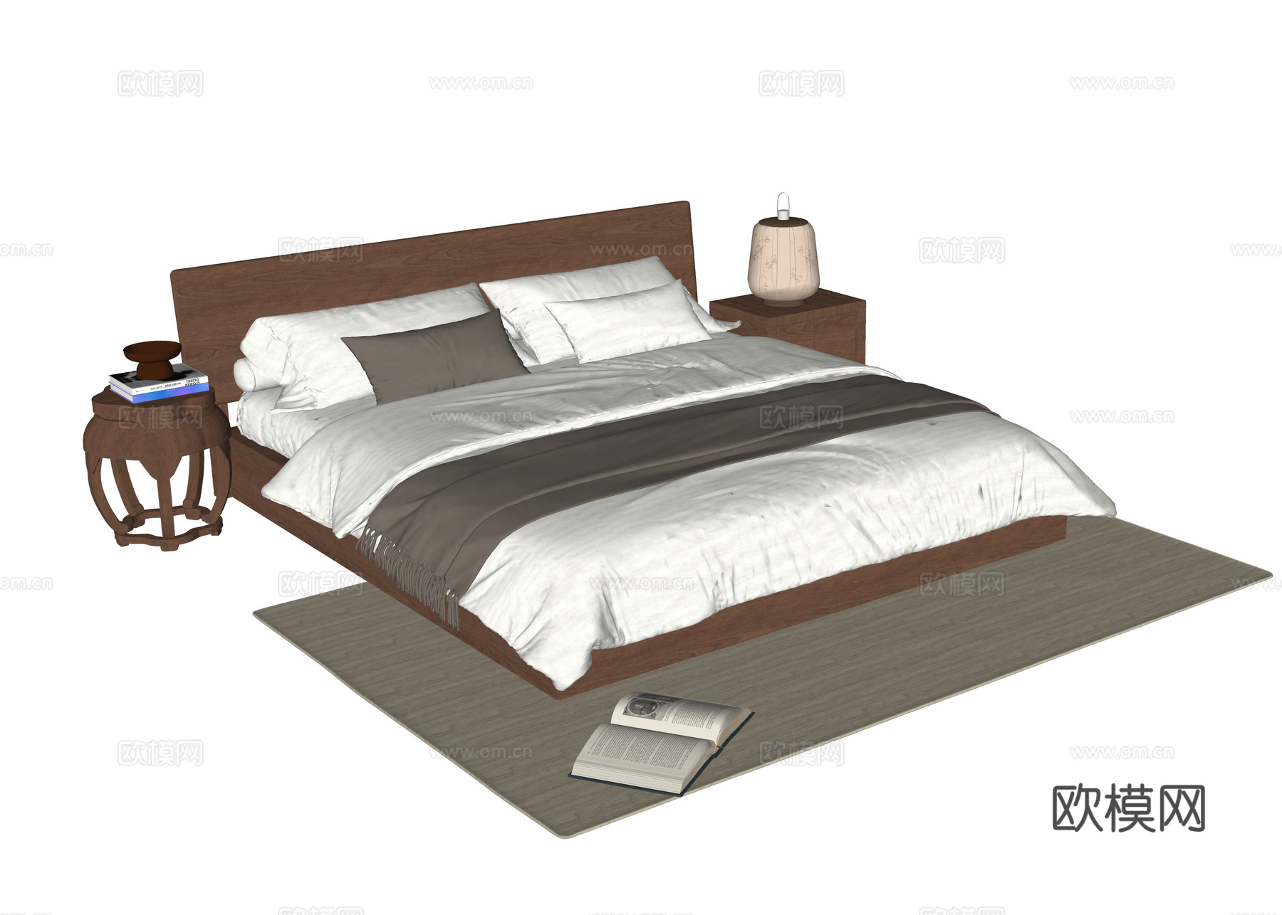 现代双人床 床头柜su模型下载（渲染图2）