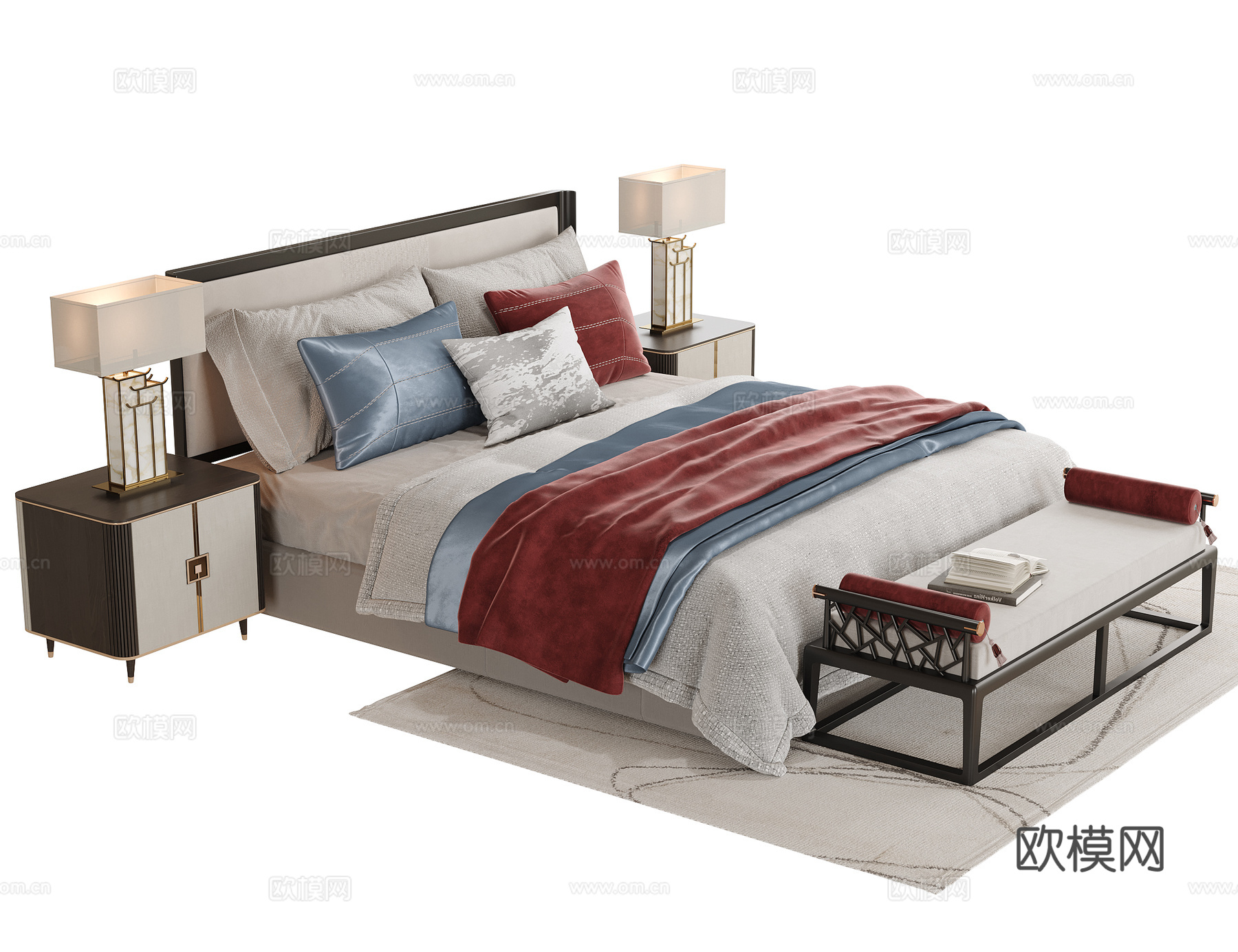 新中式双人床 床头柜 床尾凳su模型