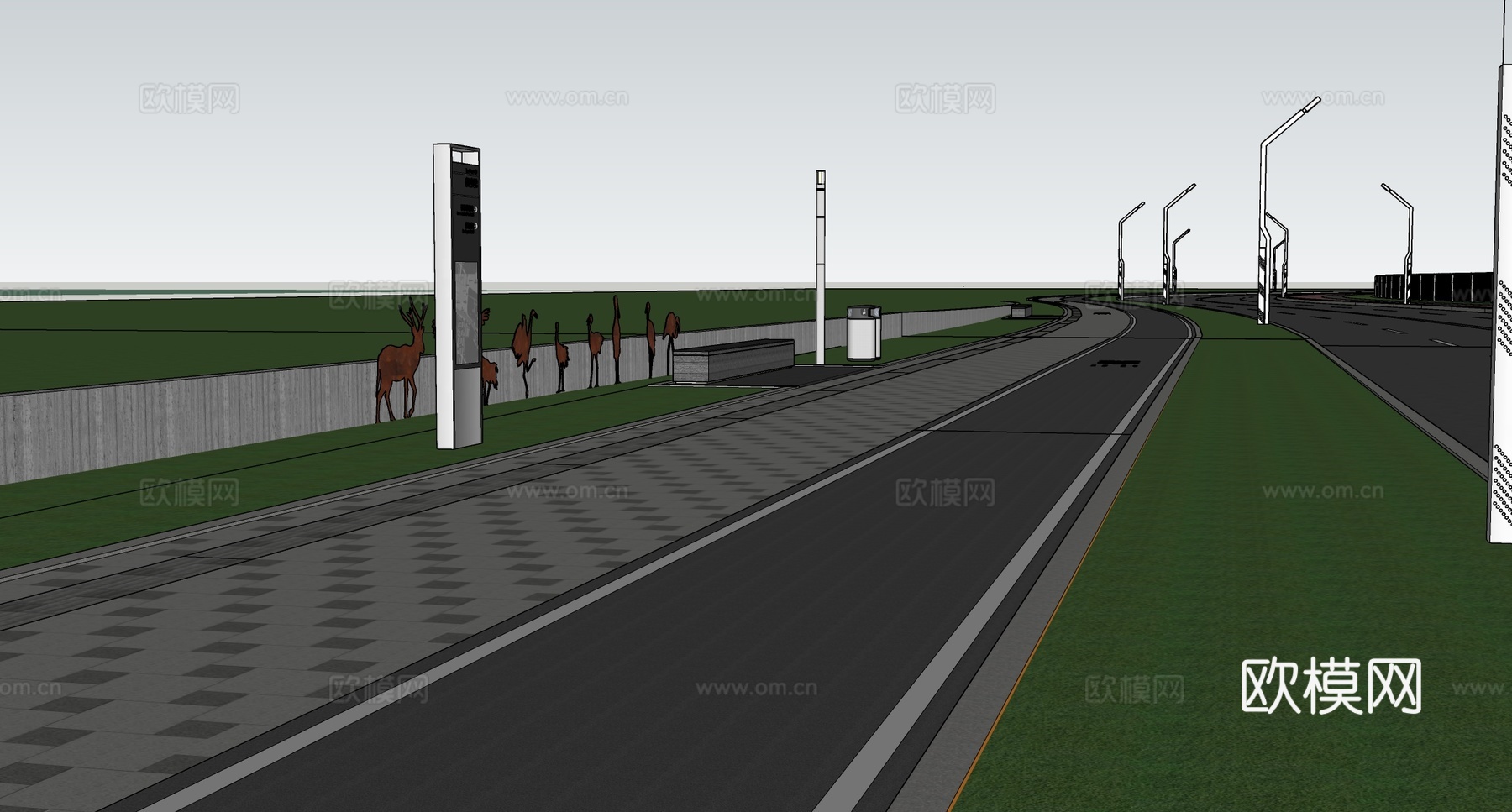 现代道路景观 市政道路改造碧道 人行道su模型