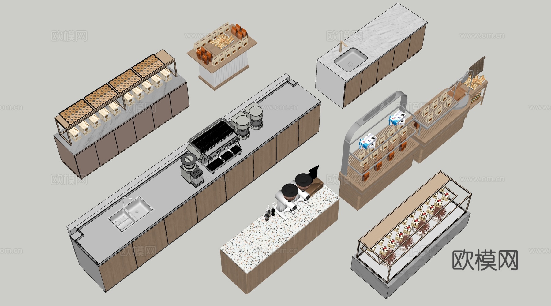 现代咖啡吧台 甜品店货架 收银台 服务台su模型