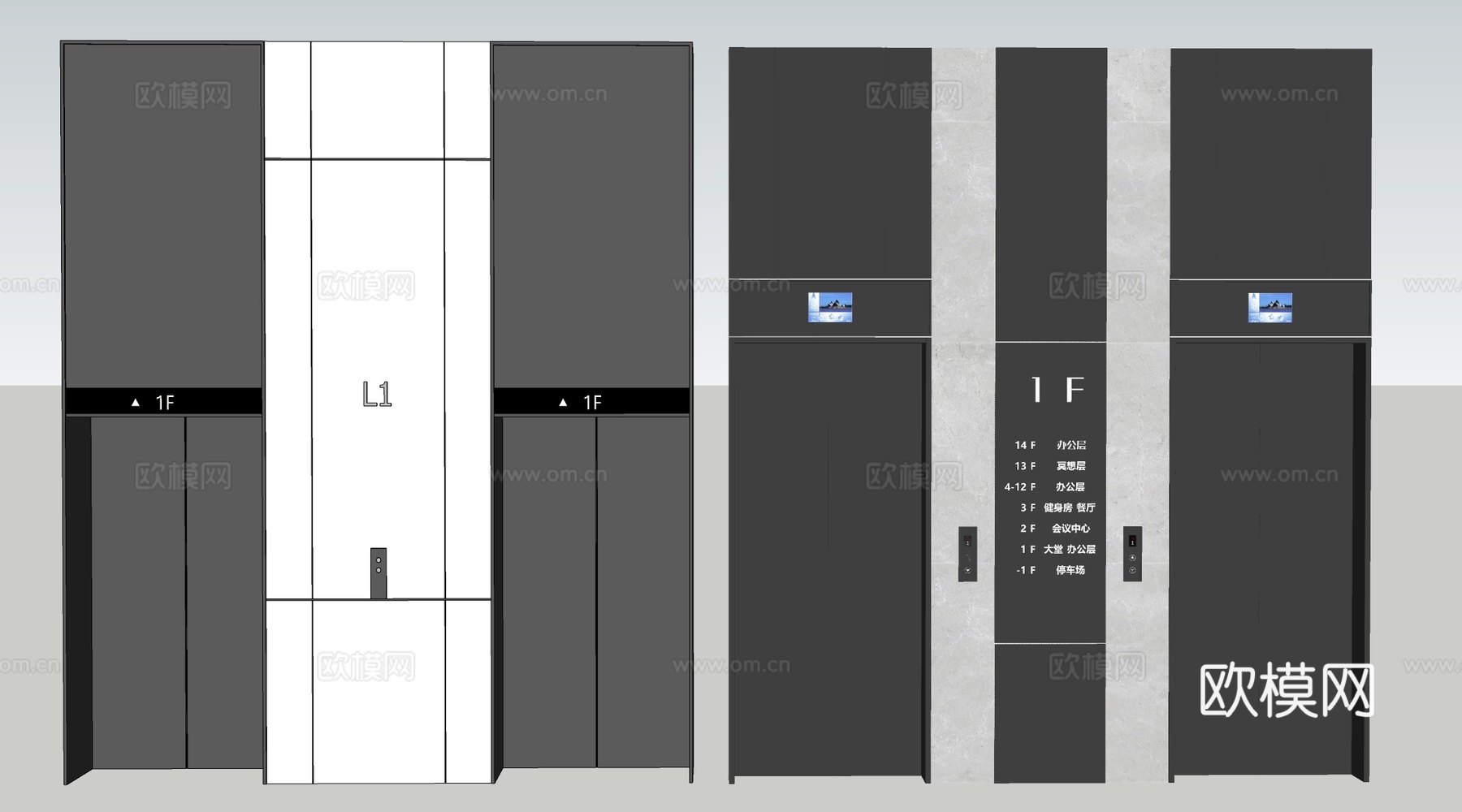 现代电梯厅 电梯门 电梯轿厢 升降电梯su模型