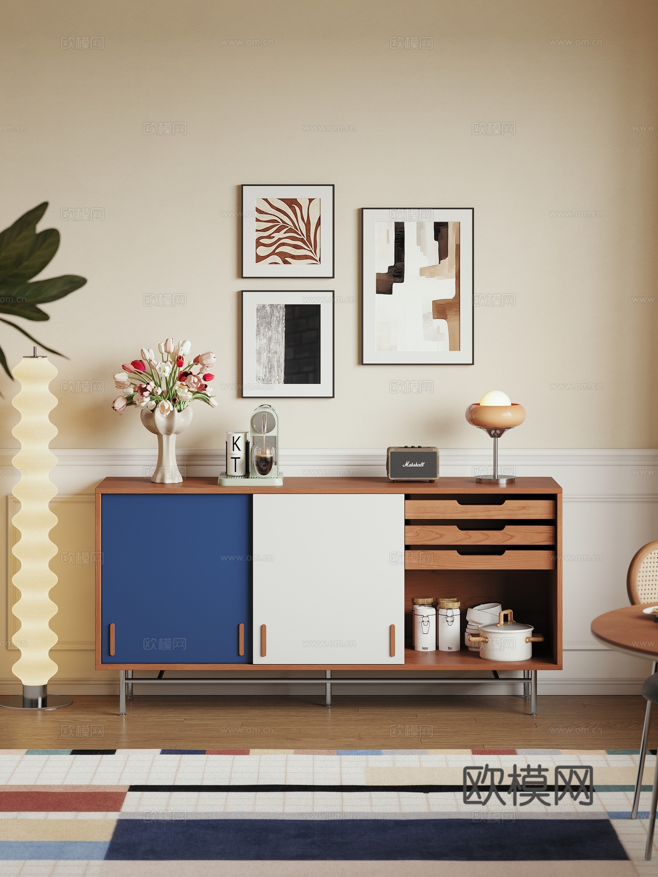 现代中古风奶油风餐边柜实木收纳柜储物柜家具餐厅3d模型