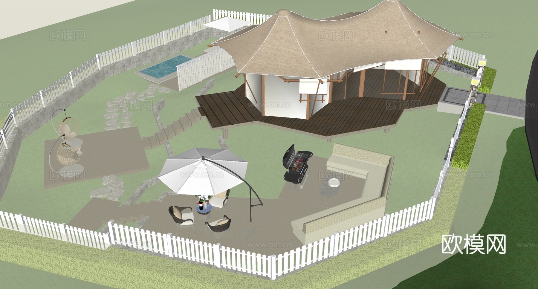 现代露营庭院景观  花园家庭乡村景观 农家乐外摆 餐饮外摆su模型