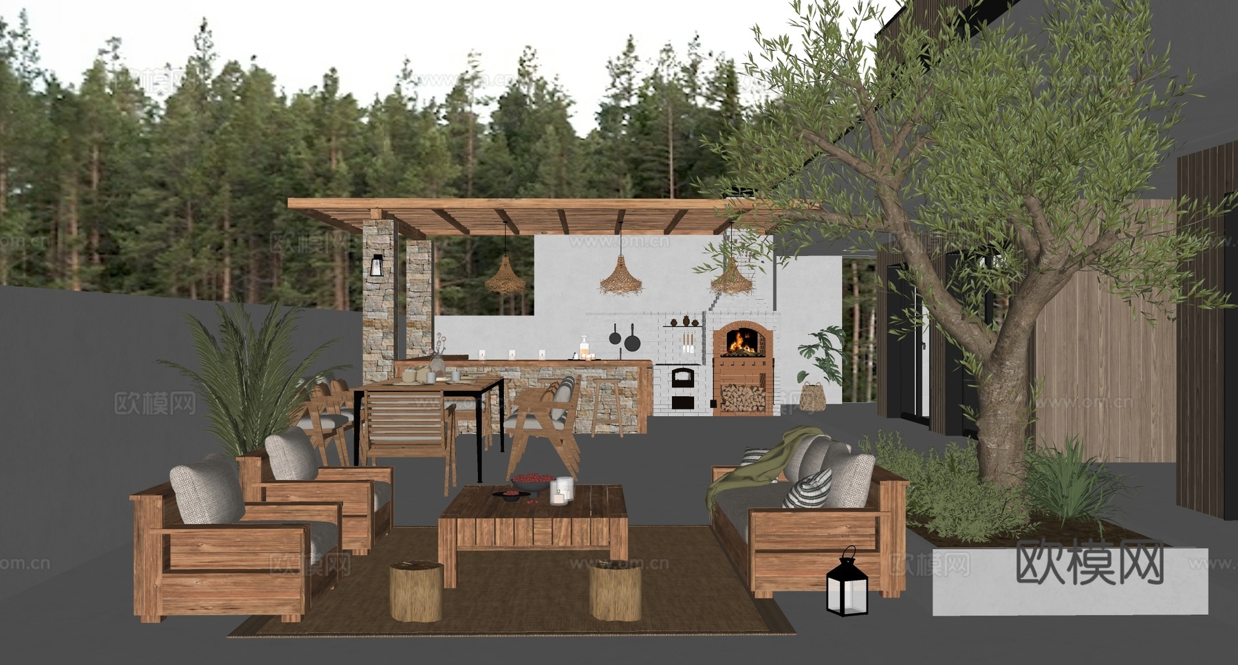 现代露营庭院景观  花园家庭乡村景观 农家乐外摆 餐饮外摆su模型