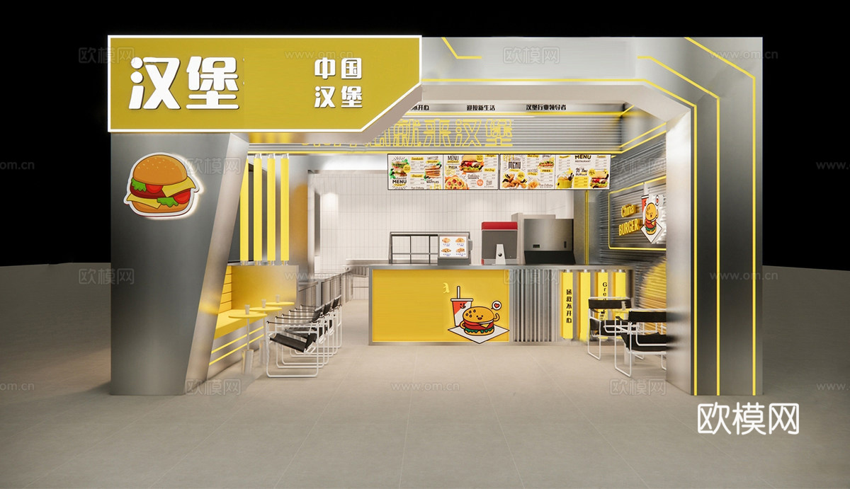 现代潮流汉堡店 快餐店 快餐店门头 餐桌椅组合 吧台su模型