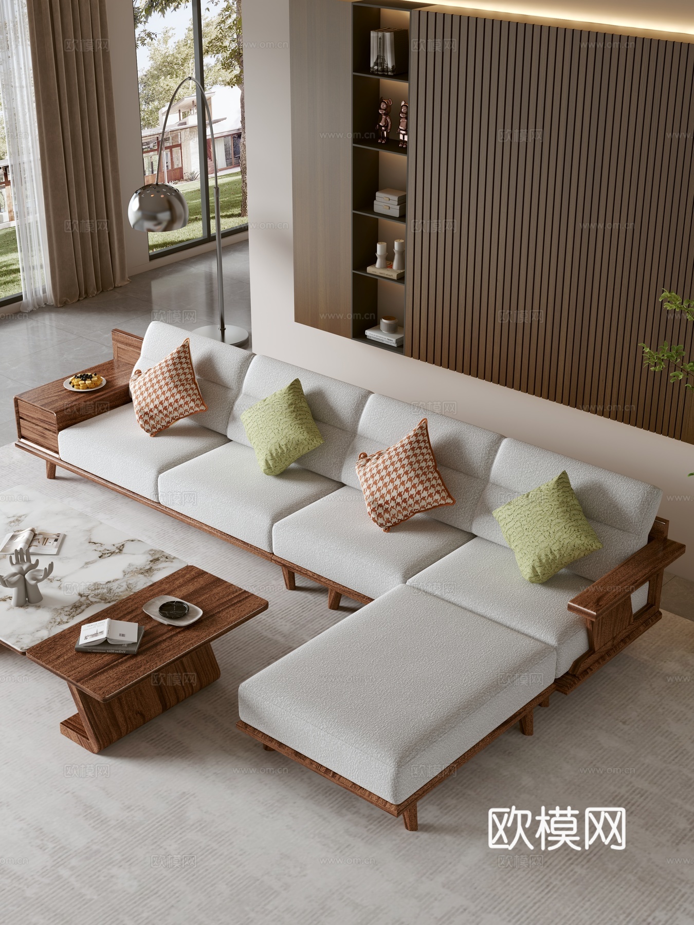 现代简约意式新中式实木双人沙发茶几组合抱枕客厅3d模型