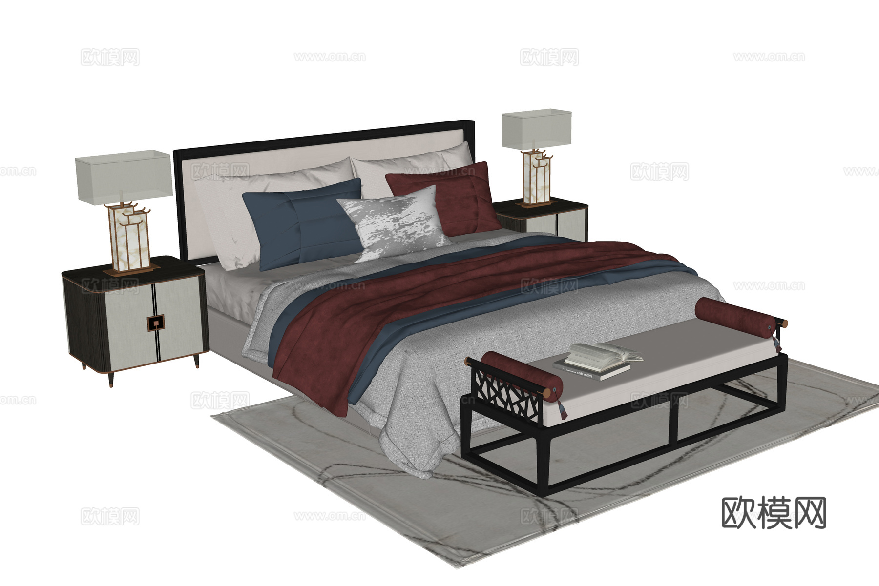 新中式双人床 床头柜 床尾凳su模型