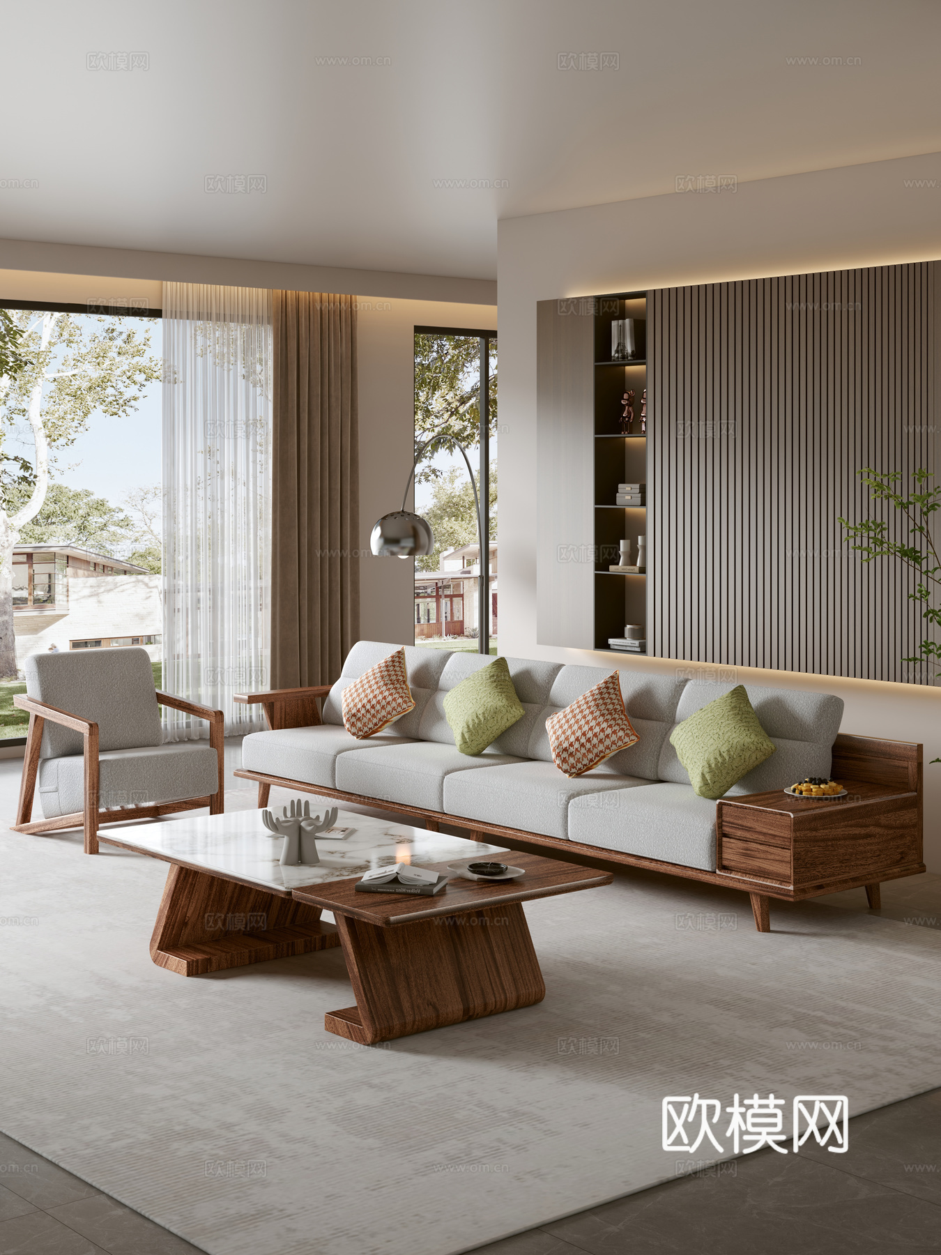现代简约意式新中式实木双人沙发茶几组合抱枕客厅3d模型