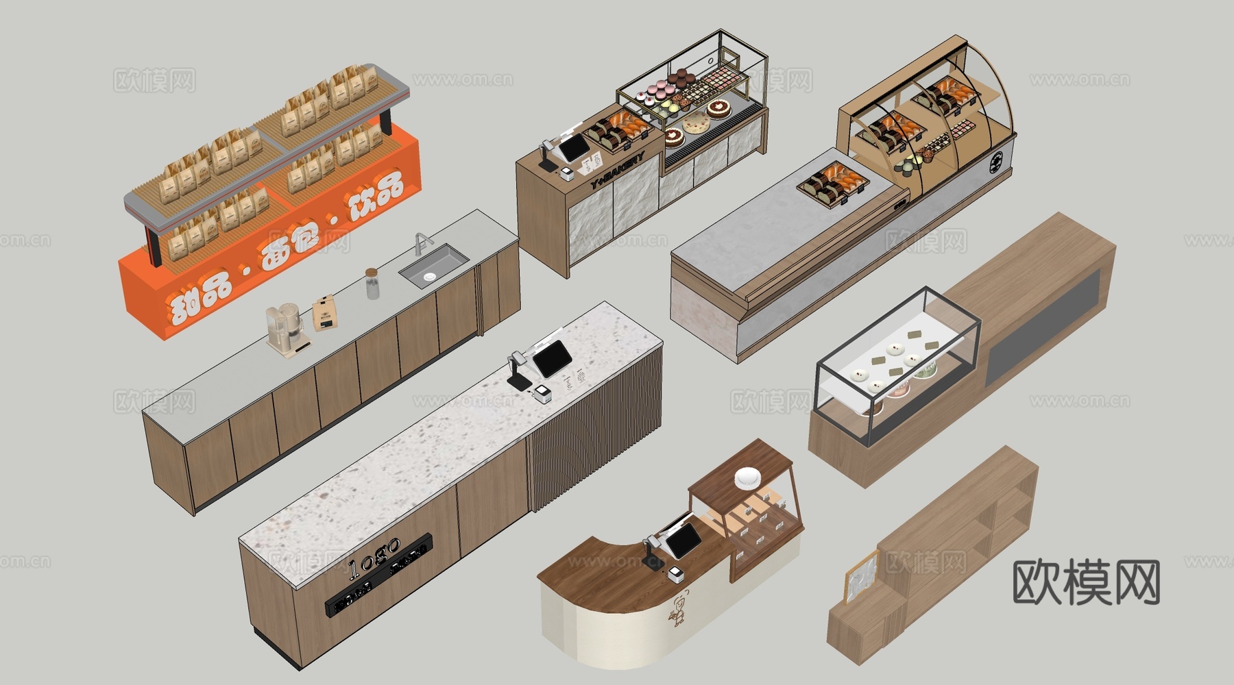 现代咖啡吧台 甜品店货架 收银台 服务台su模型