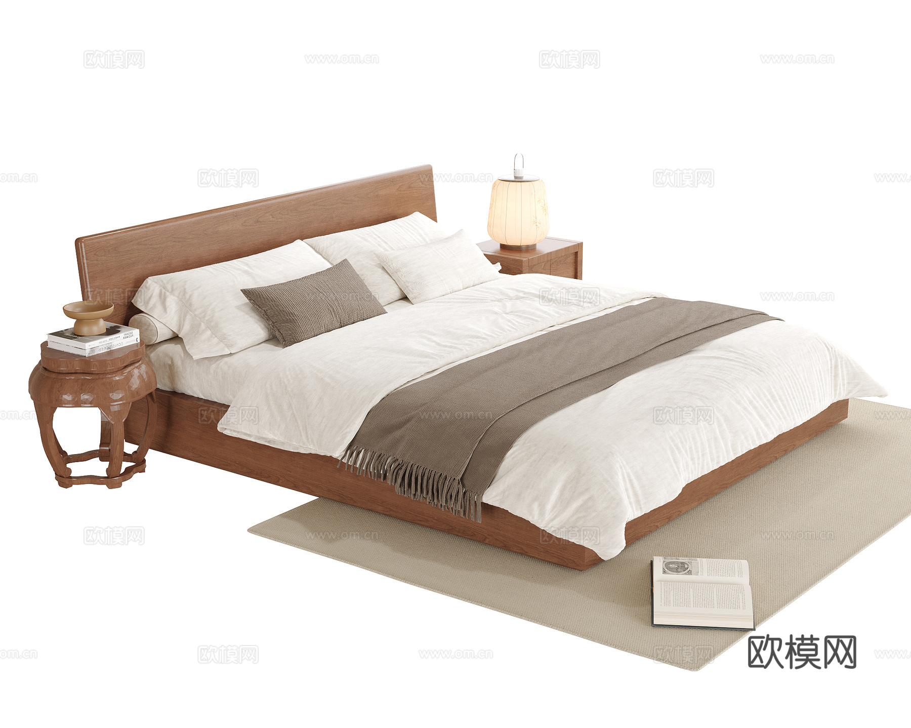 现代双人床 床头柜su模型下载（渲染图1）