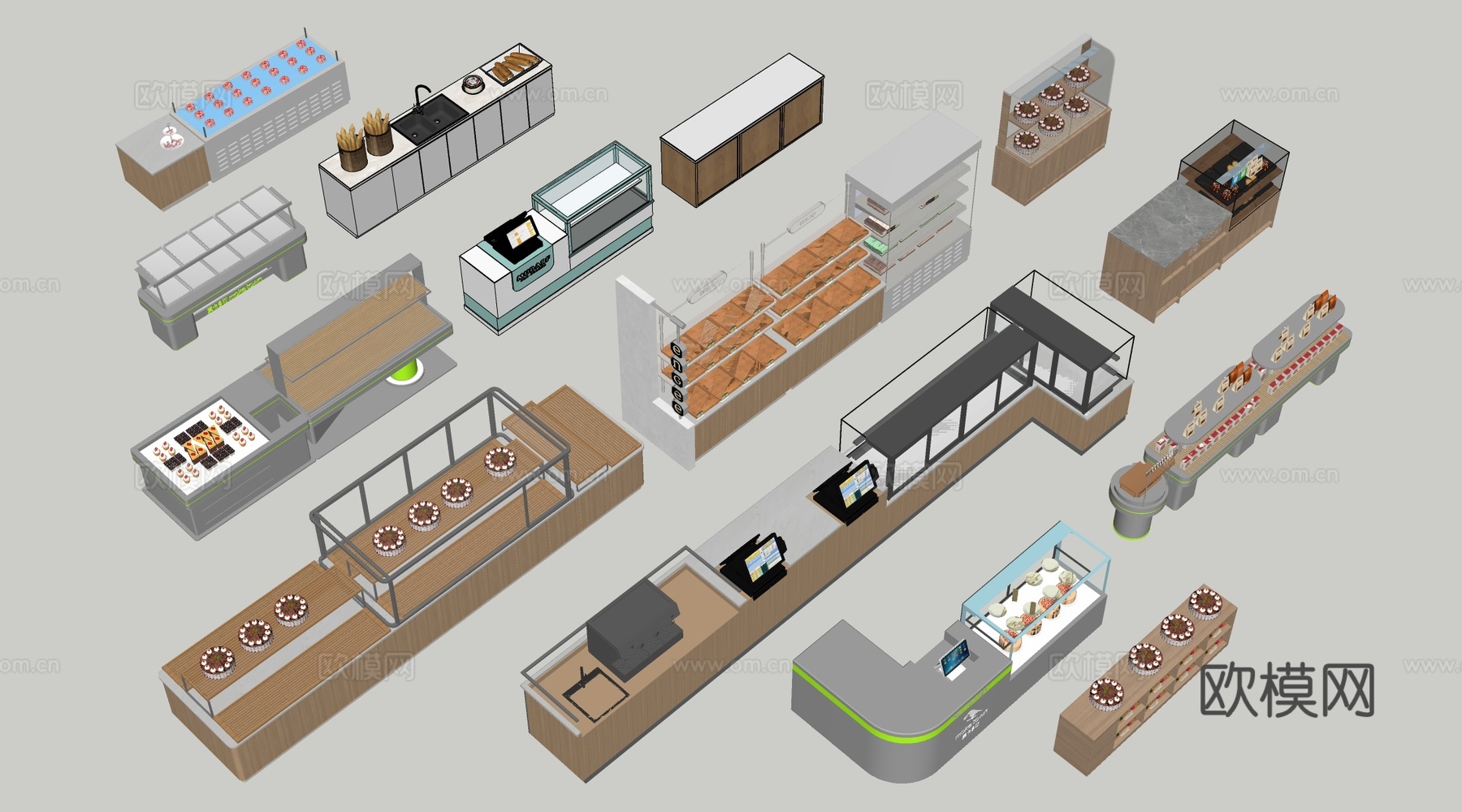 现代咖啡吧台 甜品店货架 收银台 服务台su模型
