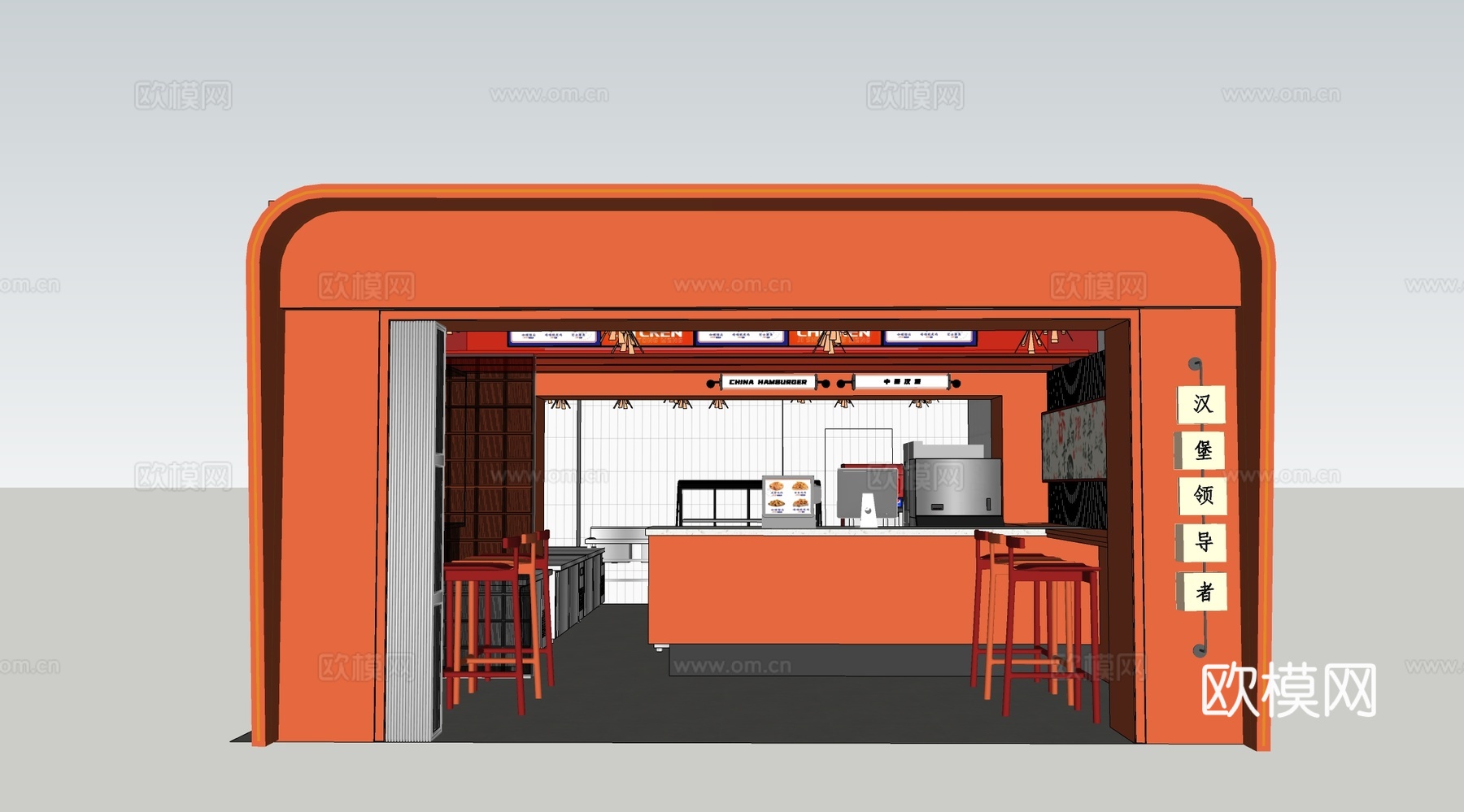 现代快餐店 吧台 餐饮门头 餐桌椅su模型