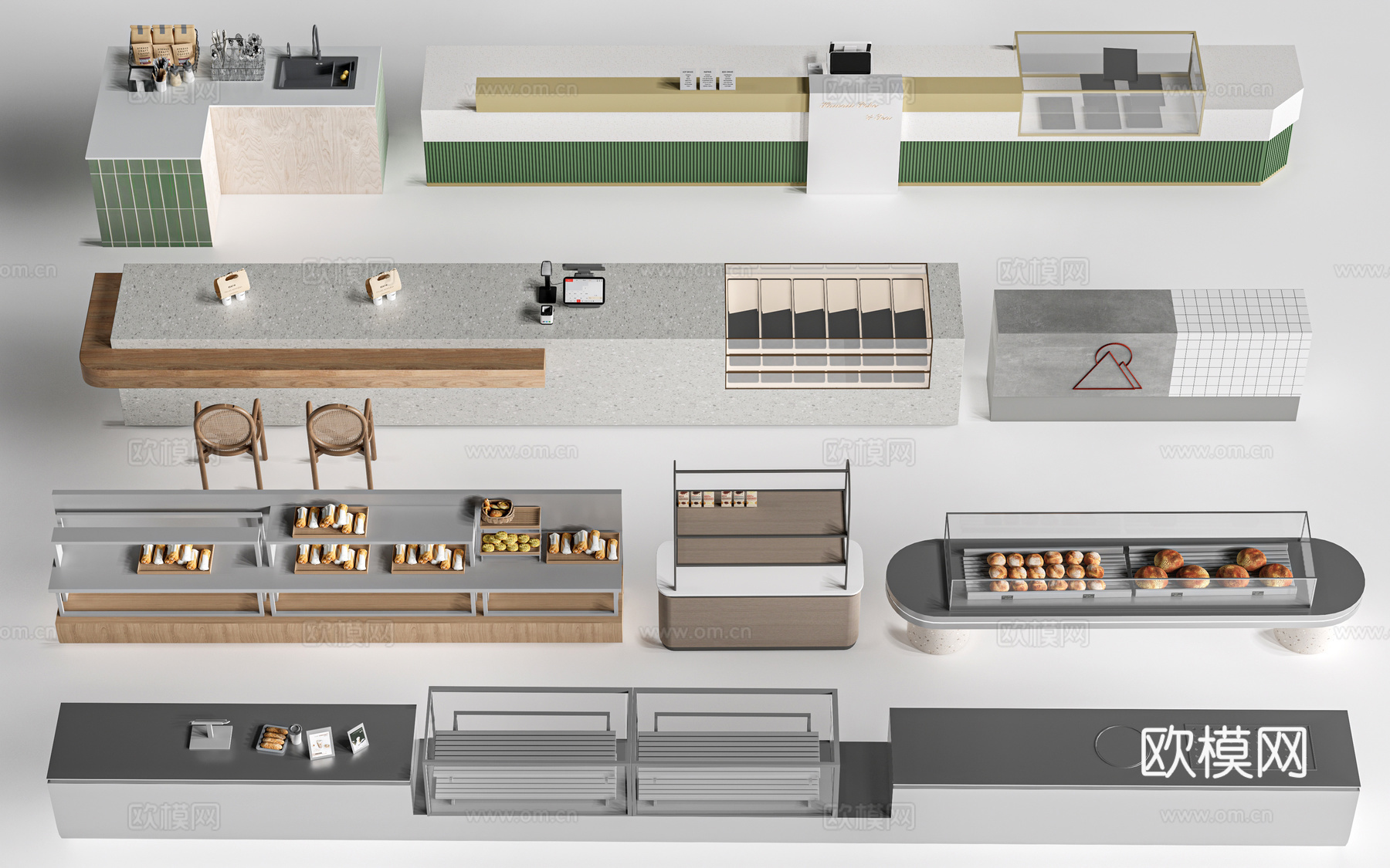 现代咖啡吧台 甜品店货架 收银台 服务台su模型