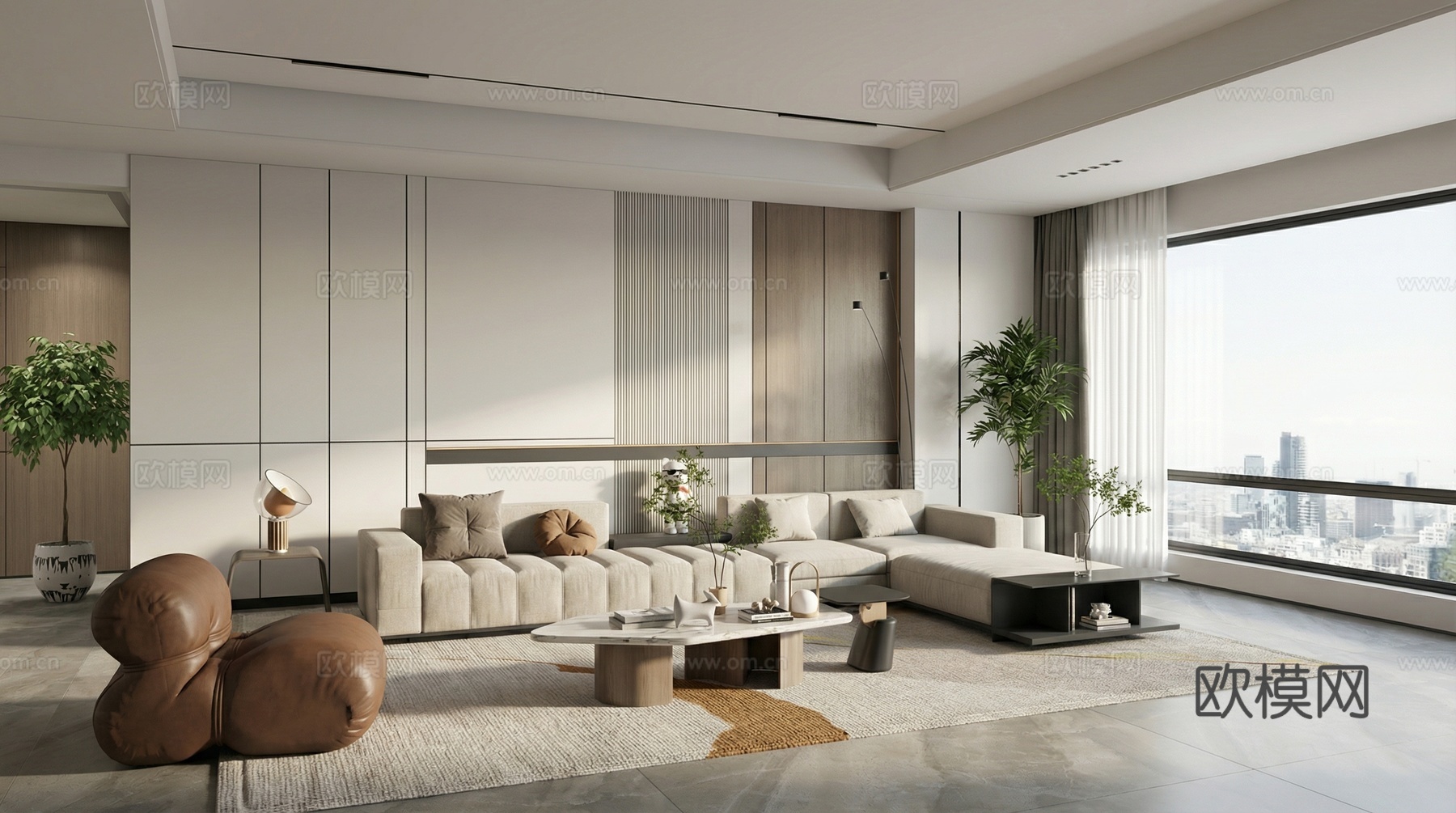 现代客厅_沙发茶几组合_多人沙发_懒人沙发_落地灯_雕塑摆件su模型