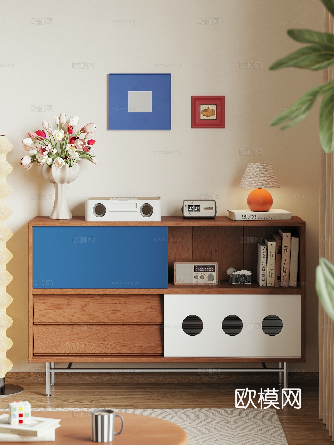 现代中古风奶油风实木储物柜餐边柜收纳柜餐厅客厅3d模型