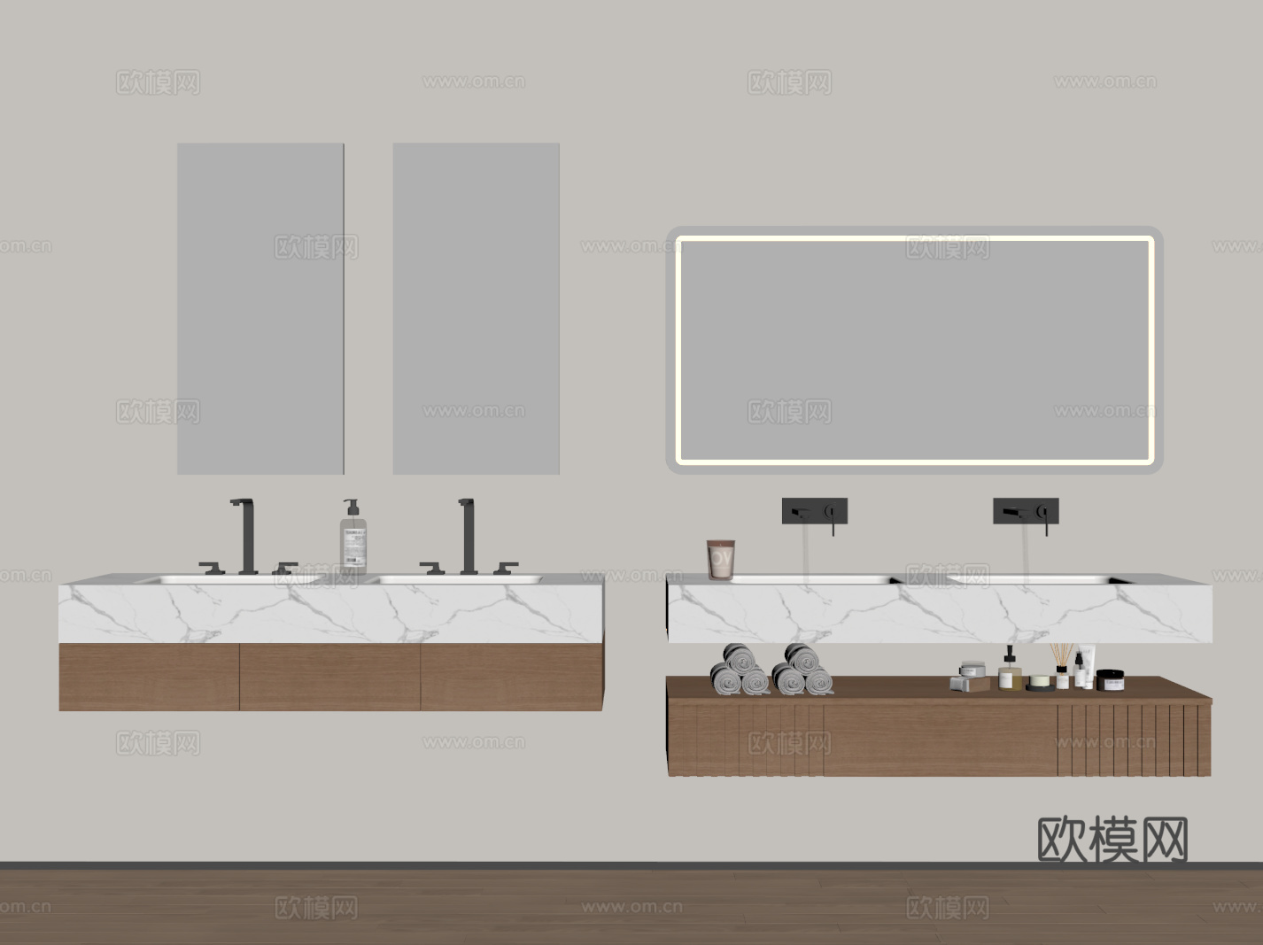 现代悬空浴室柜 洗手台 卫浴柜 双洗手池su模型