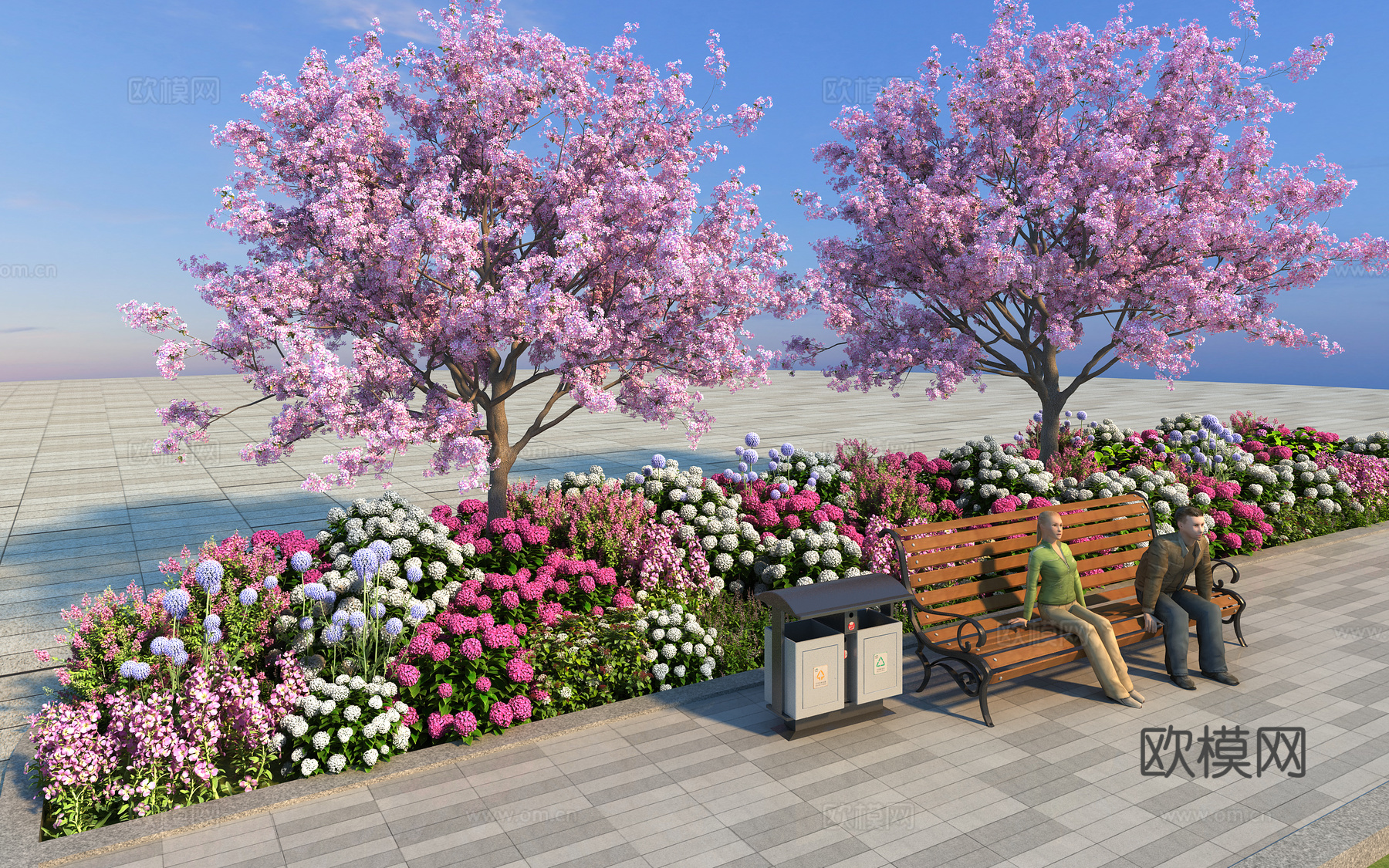 花卉花草组合 灌木 樱花树 景观绿植花草 室外鲜花绿化su模型