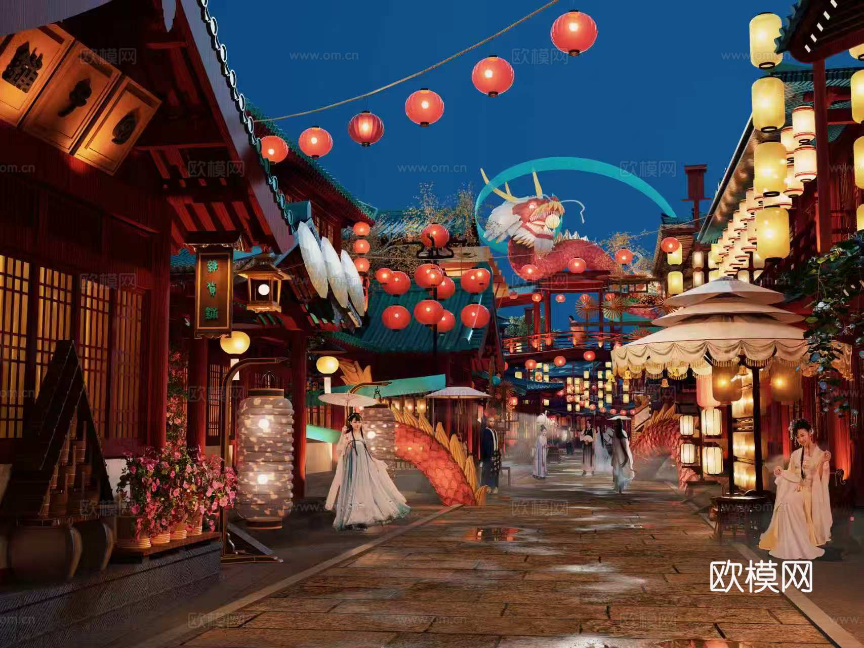 网红打卡国潮古风古镇集市su模型