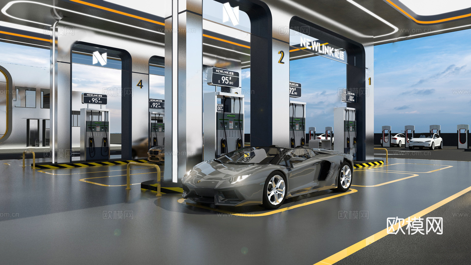 现代风格加油站 小公建 加油站su模型