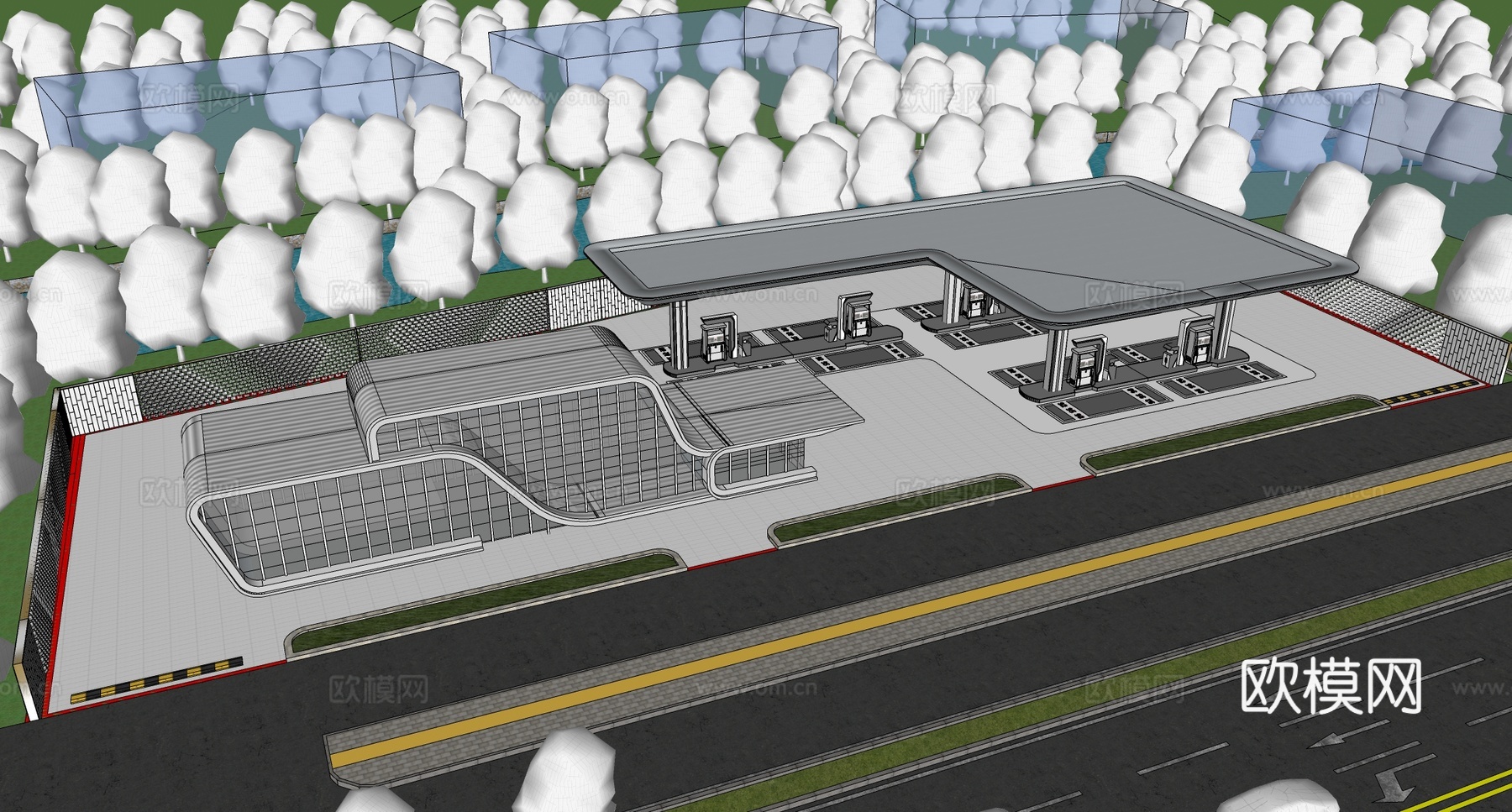 现代加油站 加气站 加油机 加油站便利店su模型