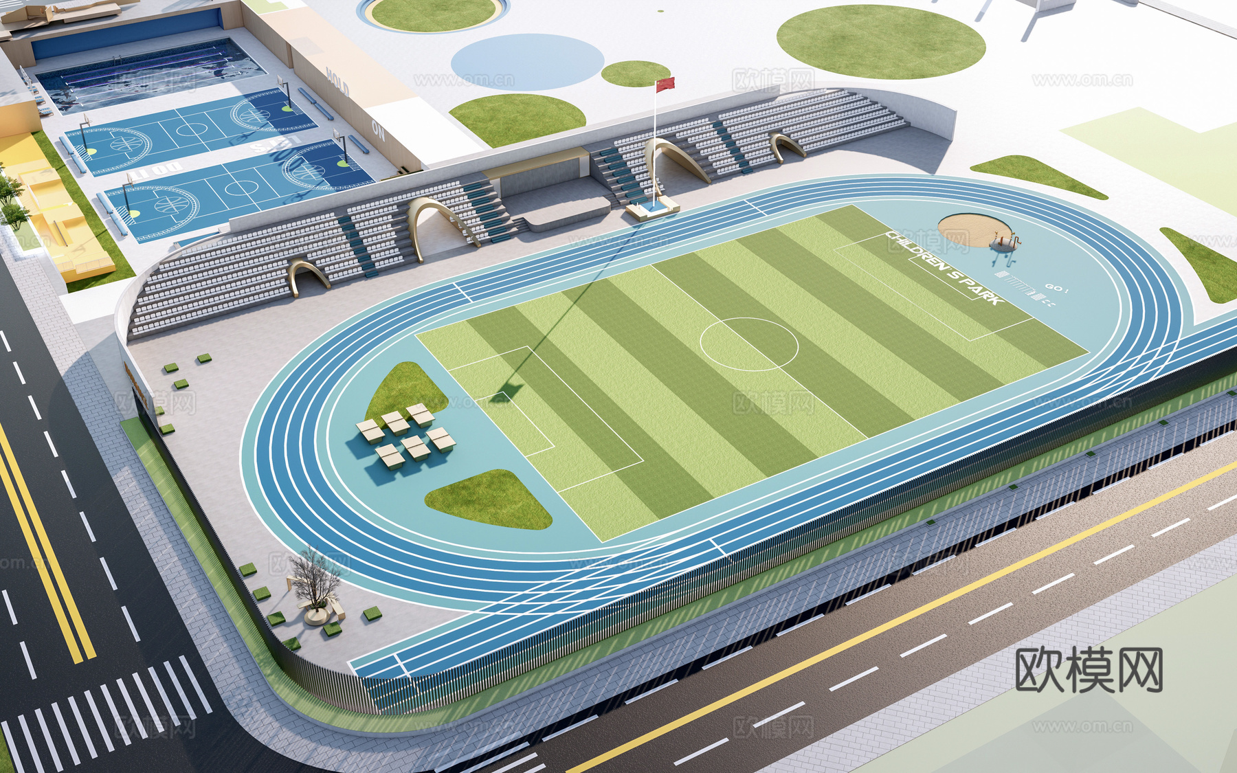 现代学校体育场 运动场 足球场 篮球场su模型