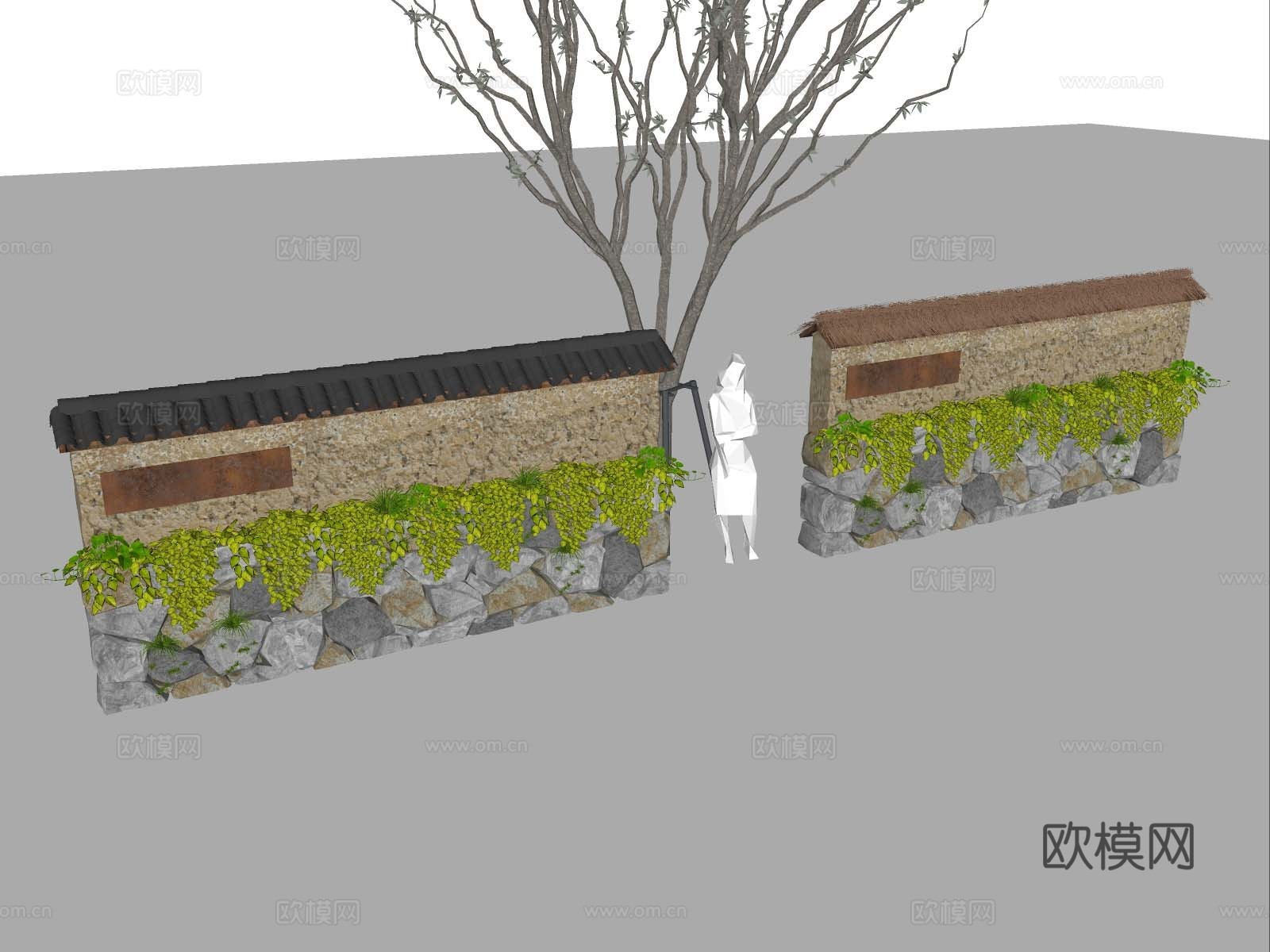 现代毛石挡墙 毛石景墙 生态景墙 挡墙景墙 夯土毛石墙su模型