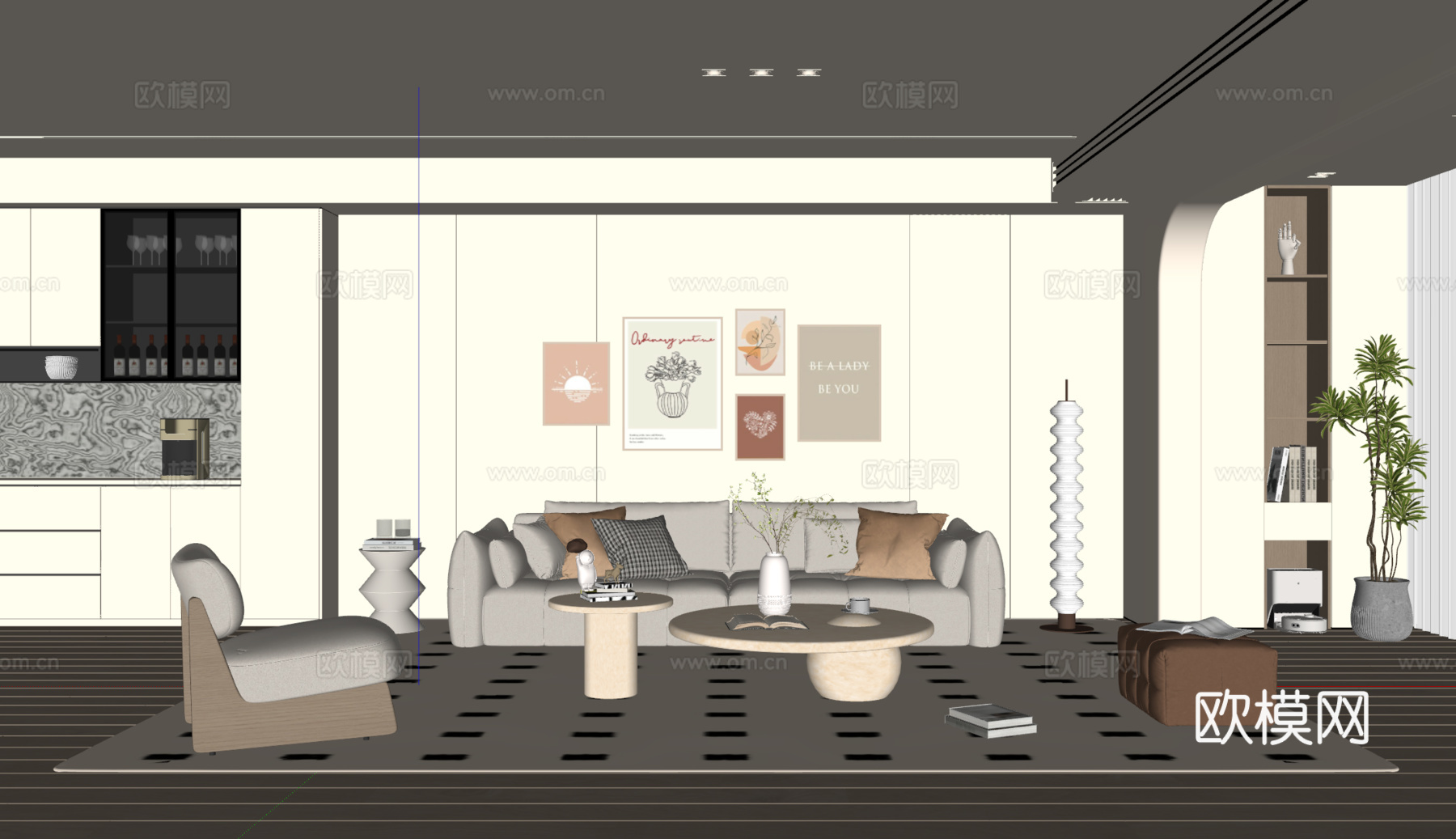 现代奶油风客厅 沙发茶几 多人沙发 挂画 地毯su模型