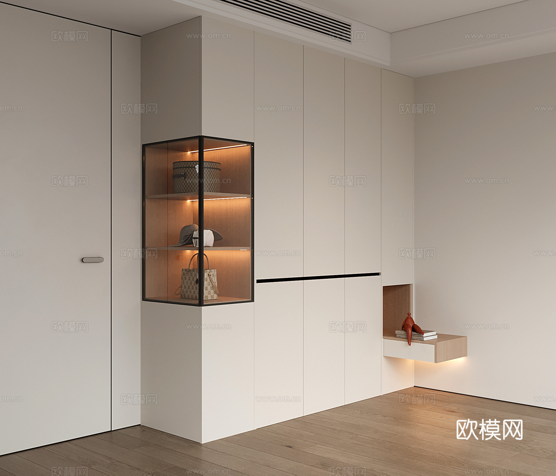现代衣柜 平开门衣柜 转角开放格衣柜 衣柜床头柜一体su模型
