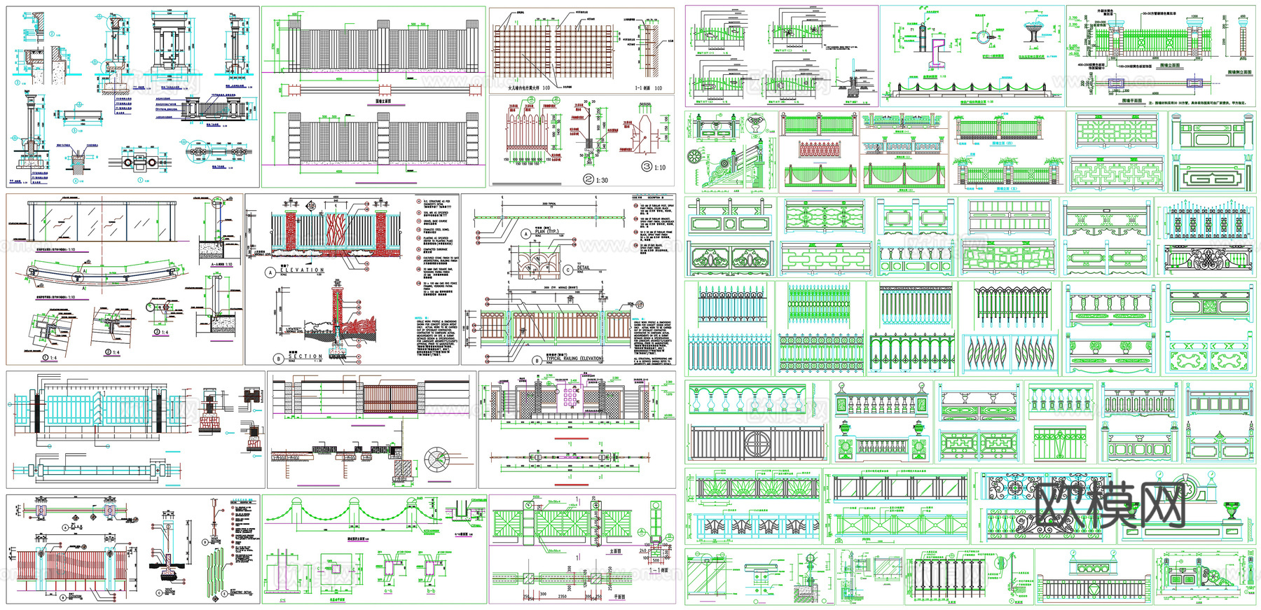 庭院围墙别墅围墙栏杆护栏剖面做法工艺详图节点CAD素材图库cad施工图