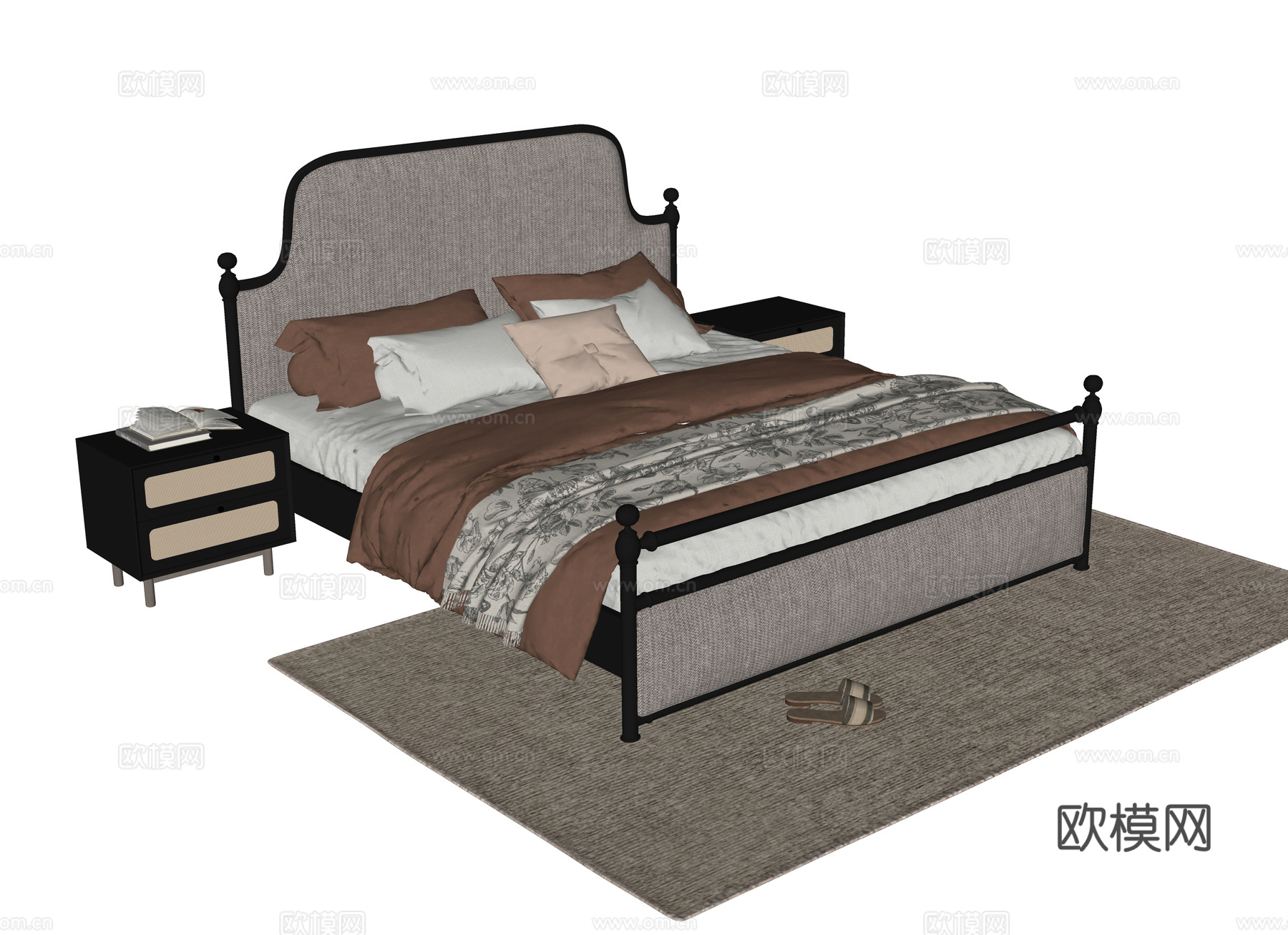 现代双人床 床头柜su模型