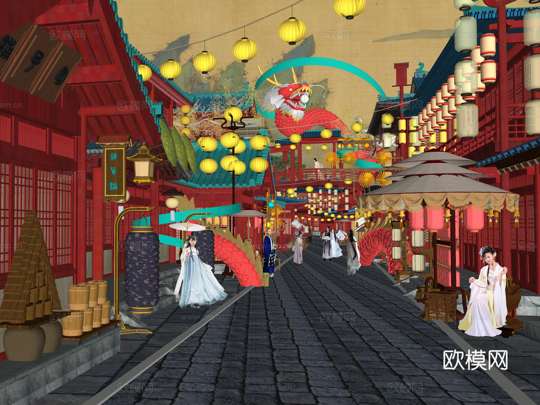 网红打卡国潮古风古镇集市su模型