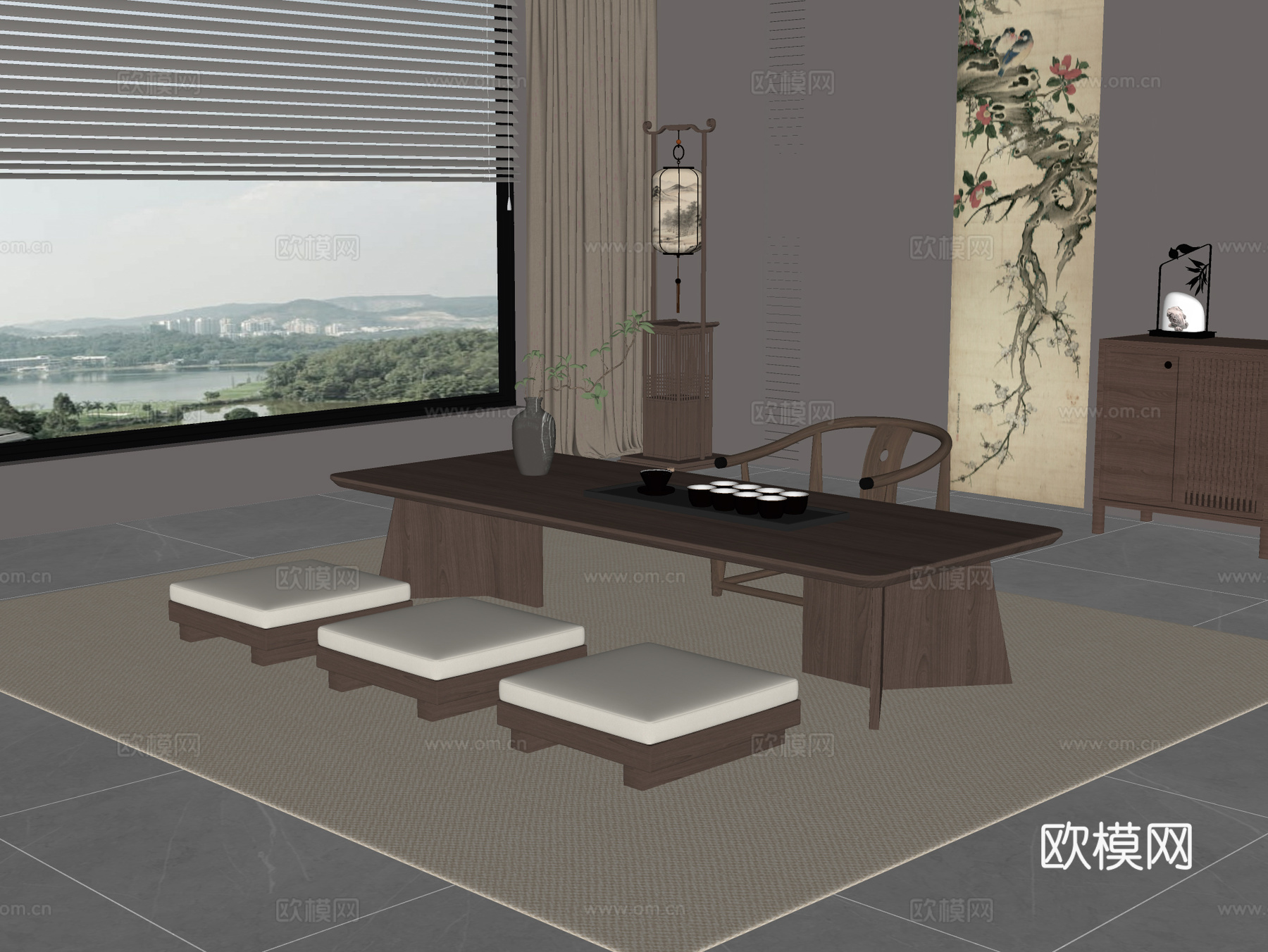 新中式茶桌椅su模型