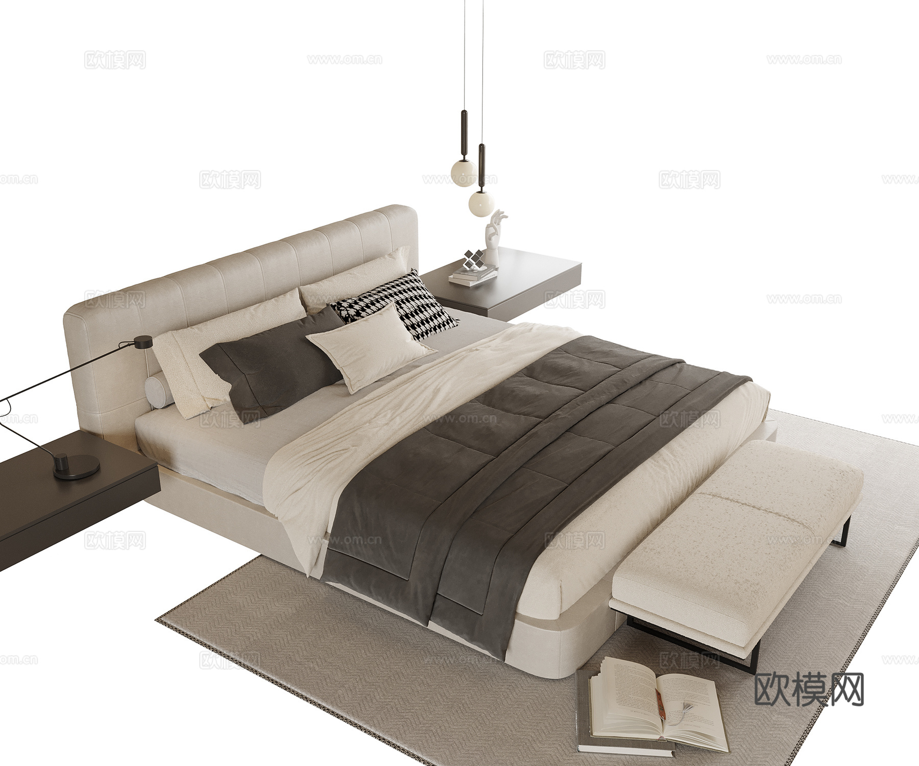 现代双人床 床尾凳su模型下载（渲染图1）
